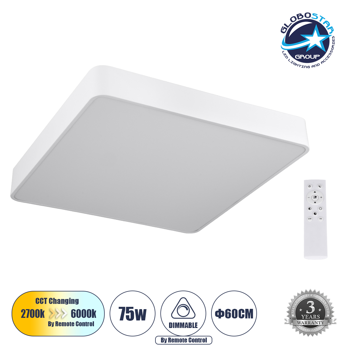 61209_ceiling_1 GLOBOSTAR® KAMALA 61209-S Μοντέρνο Φωτιστικό Οροφής LED 75W 8625lm 120° AC 220-240V IP20 Ρυθμιζόμενο Λευκό CCT με Χειριστήριο από 2700K έως 6000K Dimmable - Lumileds SMD Chip - Λευκό Ματ - Μ60 x Π60 x Υ8cm - 3 Χρόνια Εγγύηση - Image 1