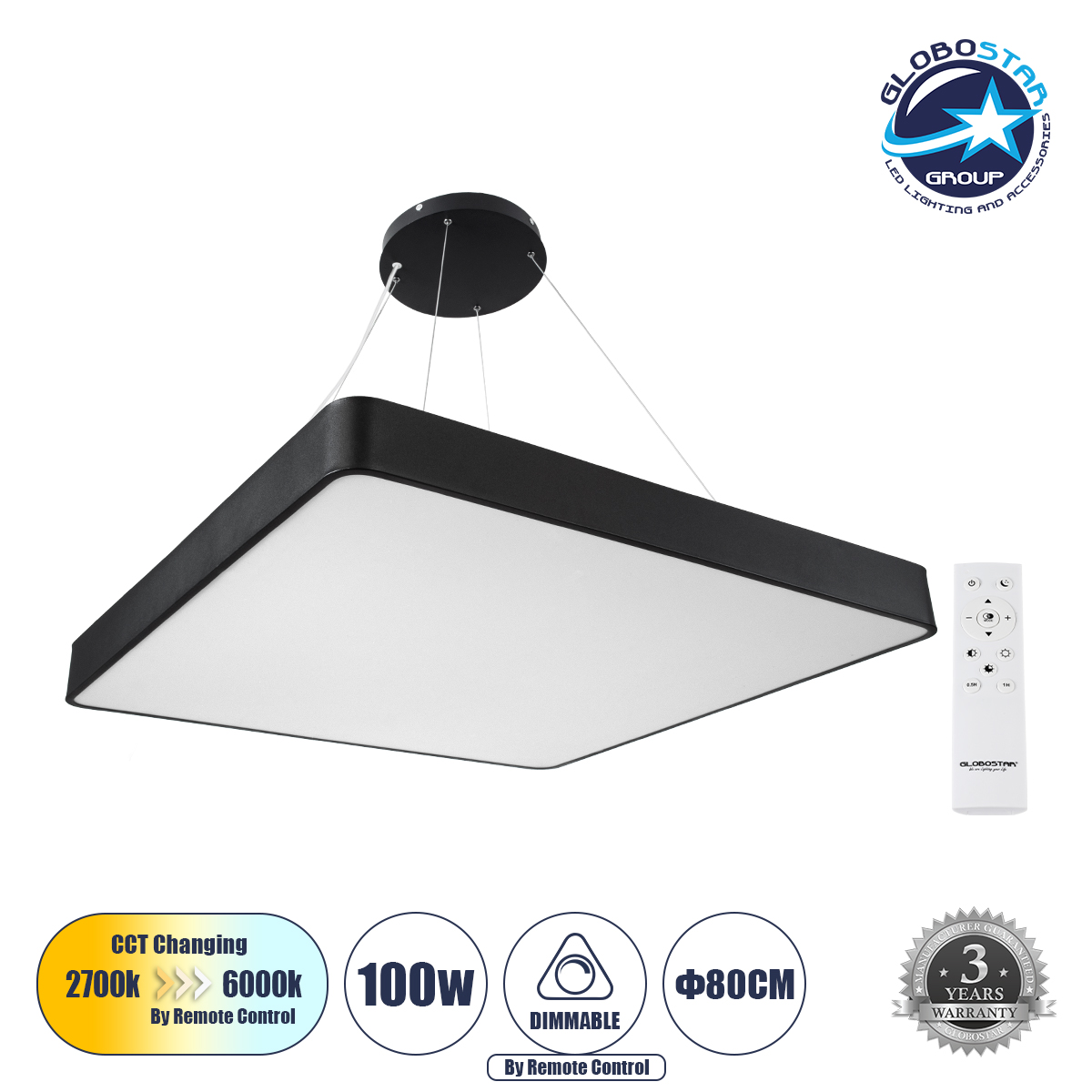 61210_1 GLOBOSTAR® KAMALA 61210-P Μοντέρνο Κρεμαστό Φωτιστικό Οροφής LED 100W 11020lm 120° AC 220-240V IP20 Ρυθμιζόμενο Λευκό CCT με Χειριστήριο από 2700K έως 6000K Dimmable - Lumileds SMD Chip - Μαύρο Ματ - Μ80 x Π80 x Υ8cm - 3 Χρόνια Εγγύηση - Image 1
