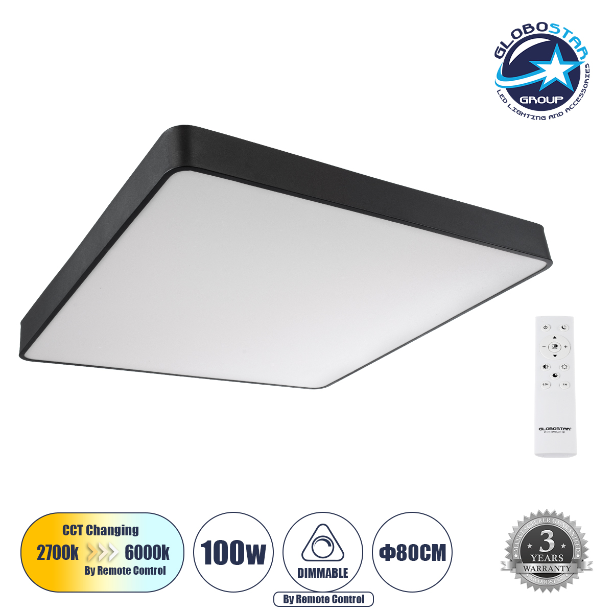 61210_1_1 GLOBOSTAR® KAMALA 61210-S Μοντέρνο Φωτιστικό Οροφής LED 100W 11020lm 120° AC 220-240V IP20 Ρυθμιζόμενο Λευκό CCT με Χειριστήριο από 2700K έως 6000K Dimmable - Lumileds SMD Chip - Μαύρο Ματ - Μ80 x Π80 x Υ8cm - 3 Χρόνια Εγγύηση - Image 1
