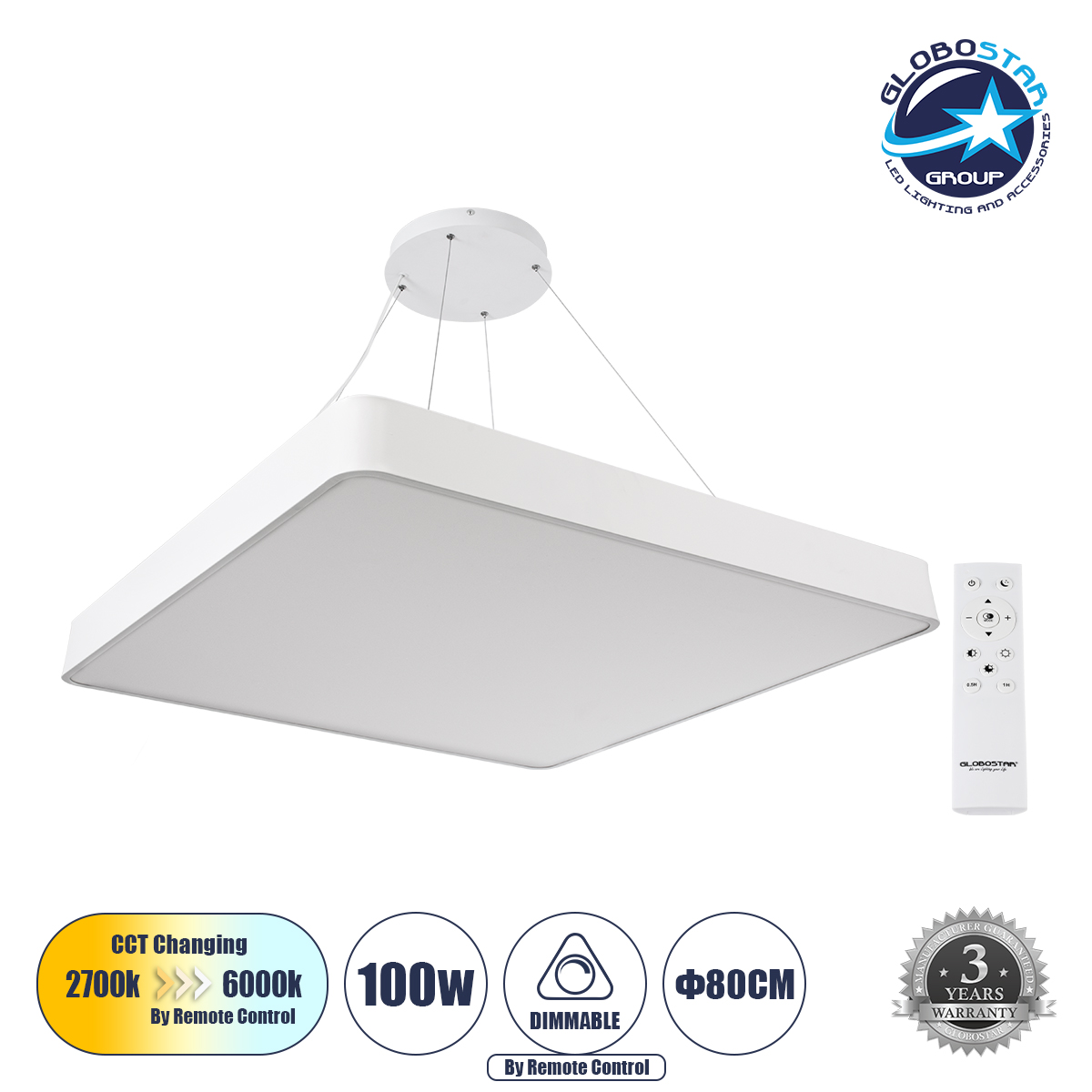 61211_1 GLOBOSTAR® KAMALA 61211-P Μοντέρνο Κρεμαστό Φωτιστικό Οροφής LED 100W 11020lm 120° AC 220-240V IP20 Ρυθμιζόμενο Λευκό CCT με Χειριστήριο από 2700K έως 6000K Dimmable - Lumileds SMD Chip - Λευκό Ματ - Μ80 x Π80 x Υ8cm - 3 Χρόνια Εγγύηση - Image 1