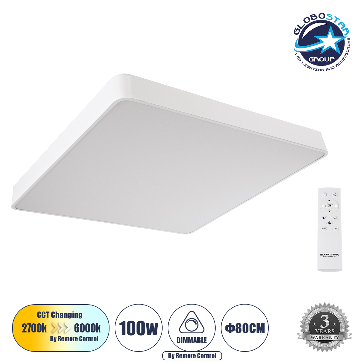 61211_1_1 GLOBOSTAR® KAMALA 61211-S Μοντέρνο Φωτιστικό Οροφής LED 100W 11020lm 120° AC 220-240V IP20 Ρυθμιζόμενο Λευκό CCT με Χειριστήριο από 2700K έως 6000K Dimmable - Lumileds SMD Chip - Λευκό Ματ - Μ80 x Π80 x Υ8cm - 3 Χρόνια Εγγύηση - Image 1