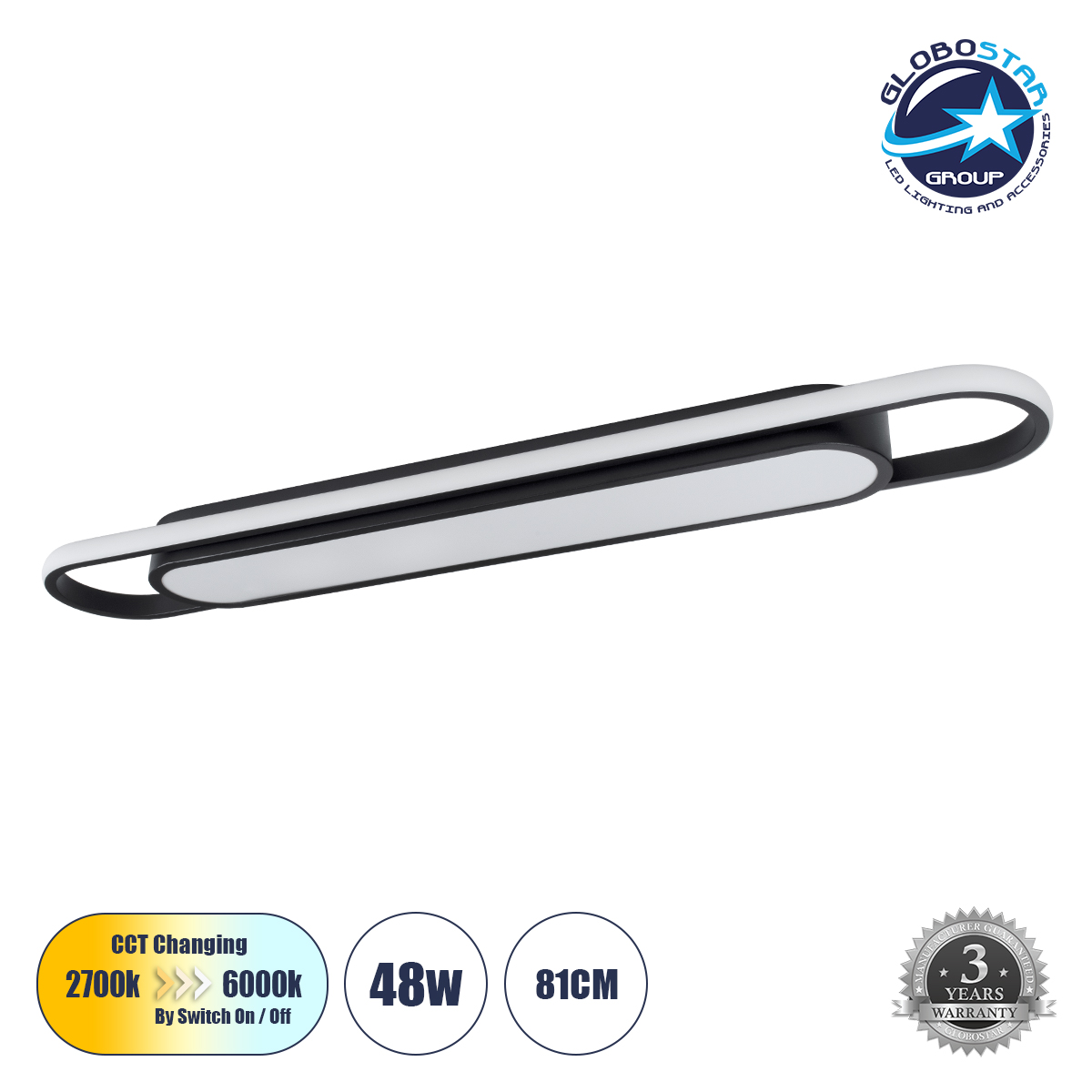 61218_1 GLOBOSTAR® IGOR 61218 Μοντέρνο Φωτιστικό Οροφής LED 48W 5760lm 210° AC 220-240V IP20 Ρυθμιζόμενο Λευκό CCT με On/Off 2700K/4500K/6000K - Lumileds SMD Chip - Μαύρο Ματ - Μ81 x Π13 x Υ4.5cm - 3 Χρόνια Εγγύηση - Image 1