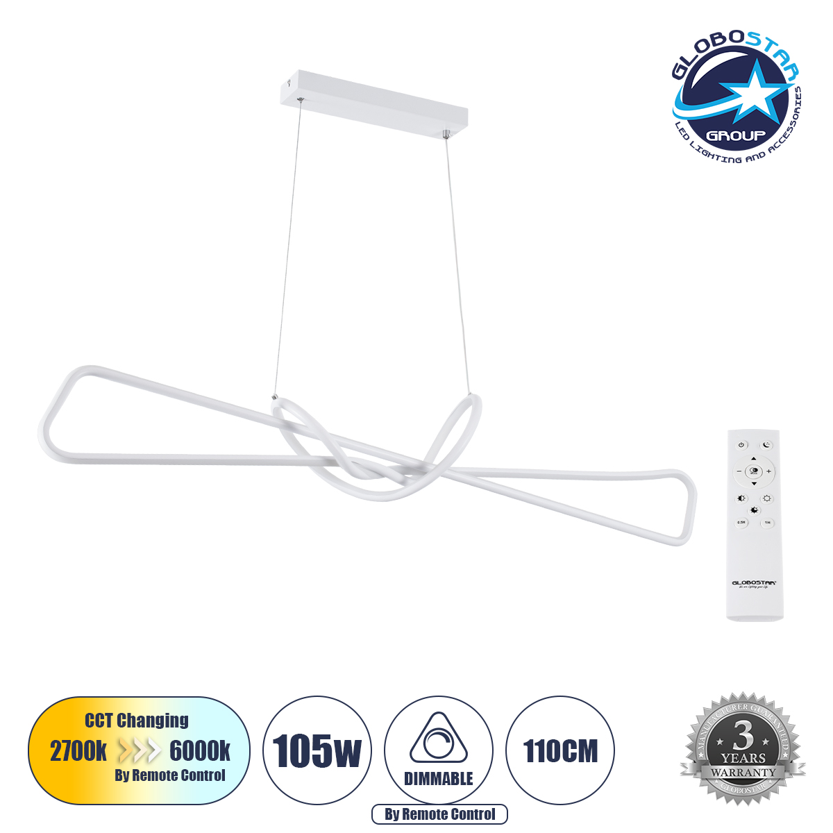61280_1 GLOBOSTAR® DOLORES 61280 Μοντέρνο Κρεμαστό Φωτιστικό Οροφής LED 105W 11760lm 300° AC 220-240V IP20 Ρυθμιζόμενο Λευκό CCT με Χειριστήριο από 2700K έως 6000K Dimmable - Lumileds SMD Chip - Λευκό Ματ - Μ110 x Π17 x Υ17.5cm - 3 Χρόνια Εγγύηση - Image 1