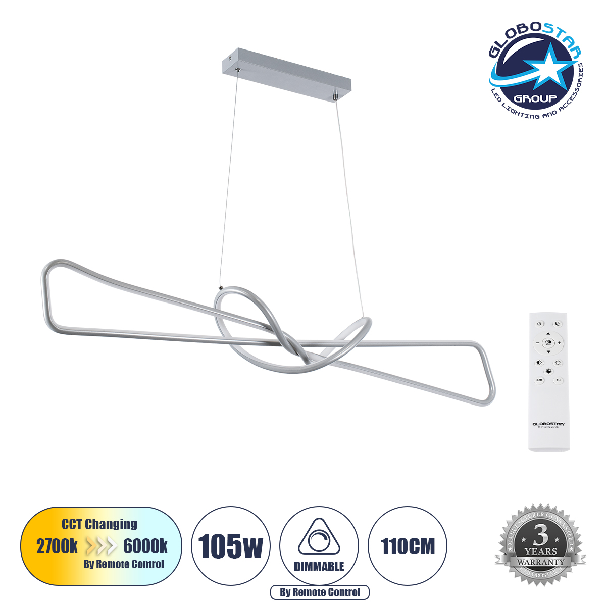 61281_1 GLOBOSTAR® DOLORES 61281 Μοντέρνο Κρεμαστό Φωτιστικό Οροφής LED 105W 11760lm 300° AC 220-240V IP20 Ρυθμιζόμενο Λευκό CCT με Χειριστήριο από 2700K έως 6000K Dimmable - Lumileds SMD Chip - Νίκελ Βούρτσας - Μ110 x Π17 x Υ17.5cm - 3 Χρόνια Εγγύηση - Image 1