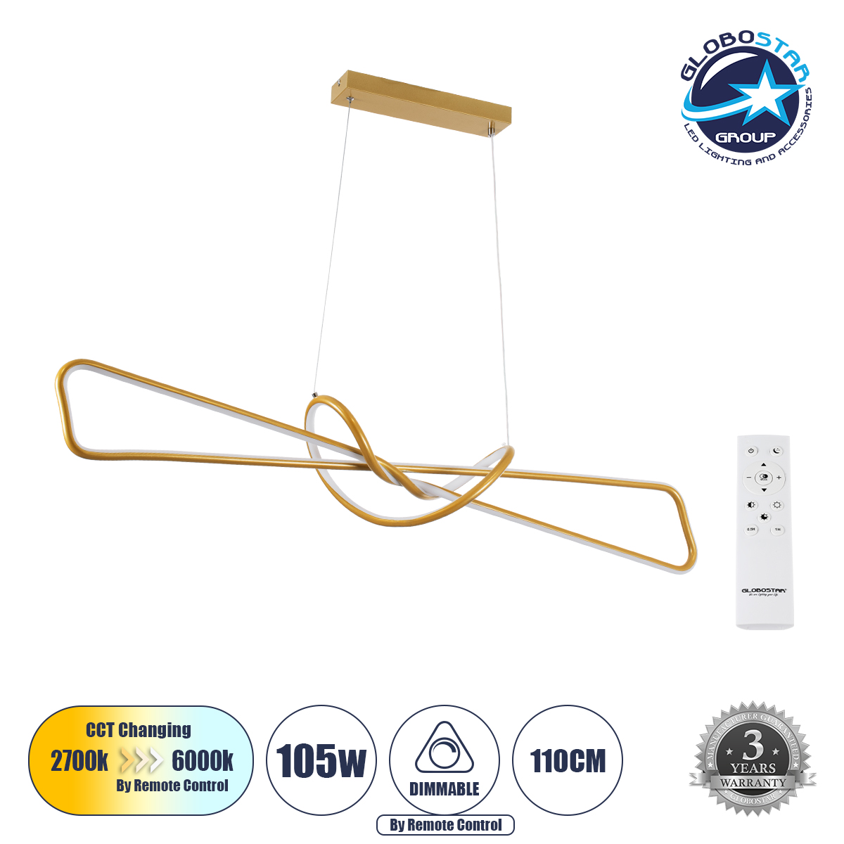 61282_1 GLOBOSTAR® DOLORES 61282 Μοντέρνο Κρεμαστό Φωτιστικό Οροφής LED 105W 11760lm 300° AC 220-240V IP20 Ρυθμιζόμενο Λευκό CCT με Χειριστήριο από 2700K έως 6000K Dimmable - Lumileds SMD Chip - Χρυσό Βούρτσας - Μ110 x Π17 x Υ17.5cm - 3 Χρόνια Εγγύηση - Image 1