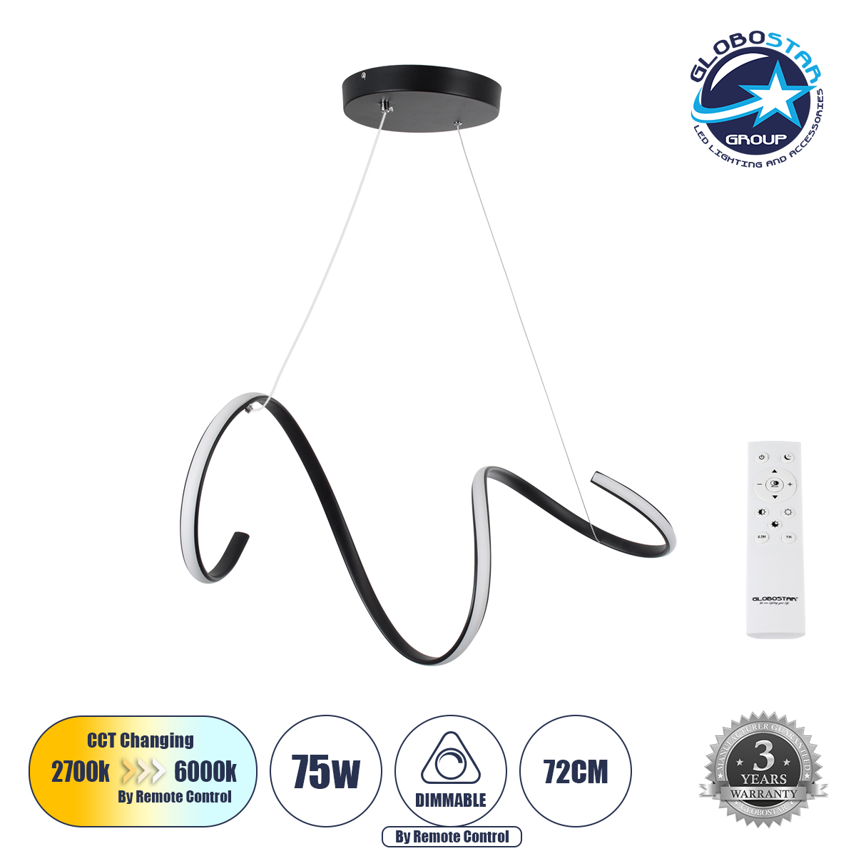 61283_1 GLOBOSTAR® SPIRALE 61283 Μοντέρνο Κρεμαστό Φωτιστικό Οροφής LED 75W 8400lm 300° AC 220-240V IP20 Ρυθμιζόμενο Λευκό CCT με Χειριστήριο από 2700K έως 6000K Dimmable - Lumileds SMD Chip - Μαύρο Ματ - Μ72 x Π25 x Υ30cm - 3 Χρόνια Εγγύηση - Image 1
