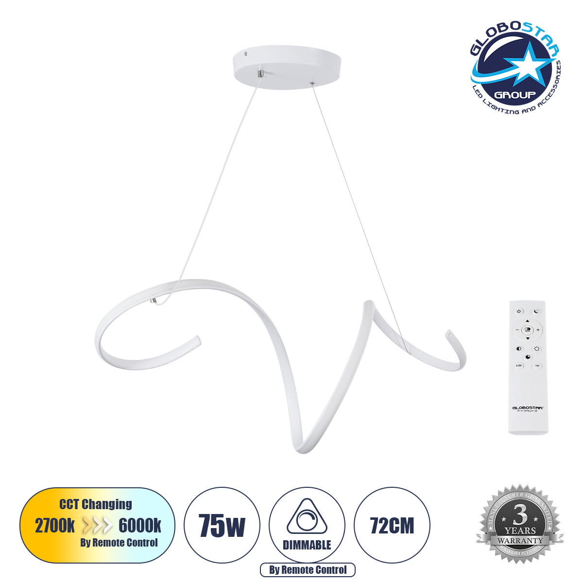 61284_1 GLOBOSTAR® SPIRALE 61284 Μοντέρνο Κρεμαστό Φωτιστικό Οροφής LED 75W 8400lm 300° AC 220-240V IP20 Ρυθμιζόμενο Λευκό CCT με Χειριστήριο από 2700K έως 6000K Dimmable - Lumileds SMD Chip - Λευκό Ματ - Μ72 x Π25 x Υ30cm - 3 Χρόνια Εγγύηση - Image 1