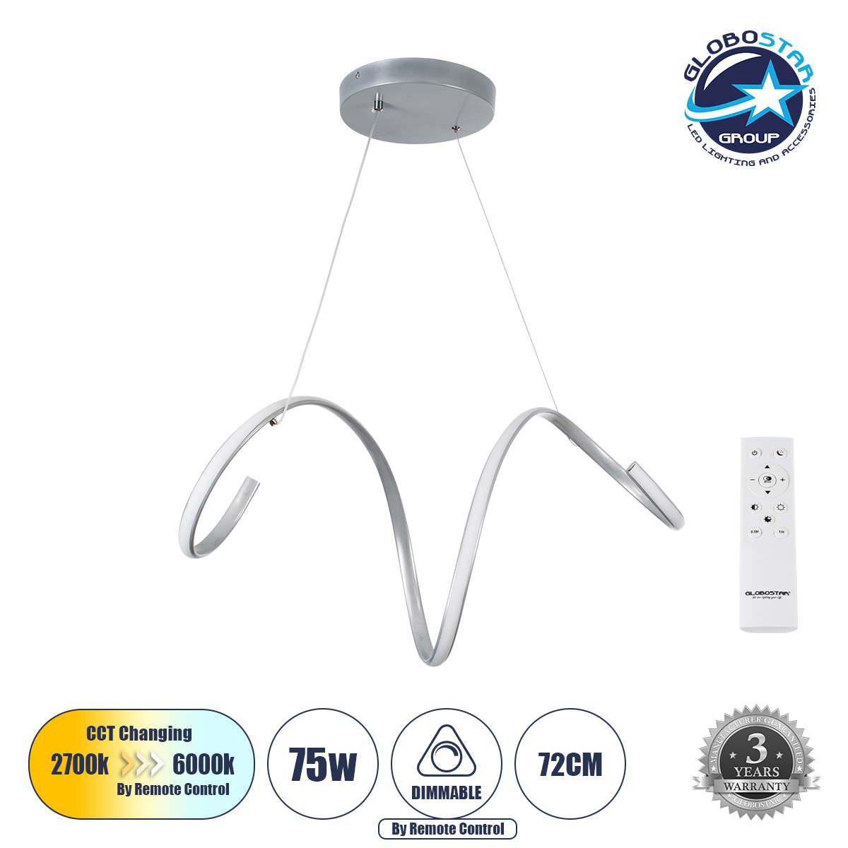 61285_1 GLOBOSTAR® SPIRALE 61285 Μοντέρνο Κρεμαστό Φωτιστικό Οροφής LED 75W 8400lm 300° AC 220-240V IP20 Ρυθμιζόμενο Λευκό CCT με Χειριστήριο από 2700K έως 6000K Dimmable - Lumileds SMD Chip - Νίκελ Βούρτσας - Μ72 x Π25 x Υ30cm - 3 Χρόνια Εγγύηση - Image 1