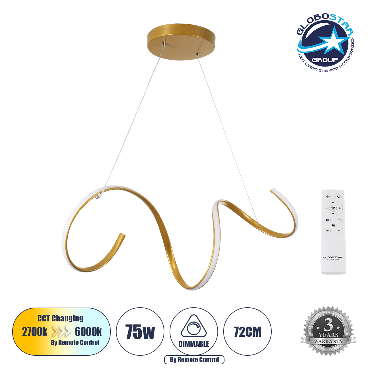 61286_1 GLOBOSTAR® SPIRALE 61286 Μοντέρνο Κρεμαστό Φωτιστικό Οροφής LED 75W 8400lm 300° AC 220-240V IP20 Ρυθμιζόμενο Λευκό CCT με Χειριστήριο από 2700K έως 6000K Dimmable - Lumileds SMD Chip - Χρυσό Βούρτσας - Μ72 x Π25 x Υ30cm - 3 Χρόνια Εγγύηση - Image 1