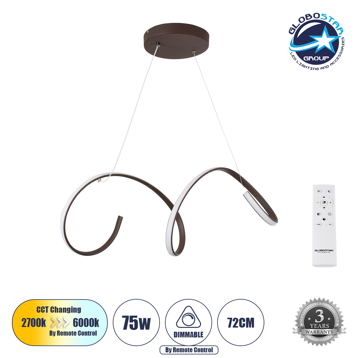 61287_1 GLOBOSTAR® SPIRALE 61287 Μοντέρνο Κρεμαστό Φωτιστικό Οροφής LED 75W 8400lm 300° AC 220-240V IP20 Ρυθμιζόμενο Λευκό CCT με Χειριστήριο από 2700K έως 6000K Dimmable - Lumileds SMD Chip - Καφέ Ματ - Μ72 x Π25 x Υ30cm - 3 Χρόνια Εγγύηση - Image 1