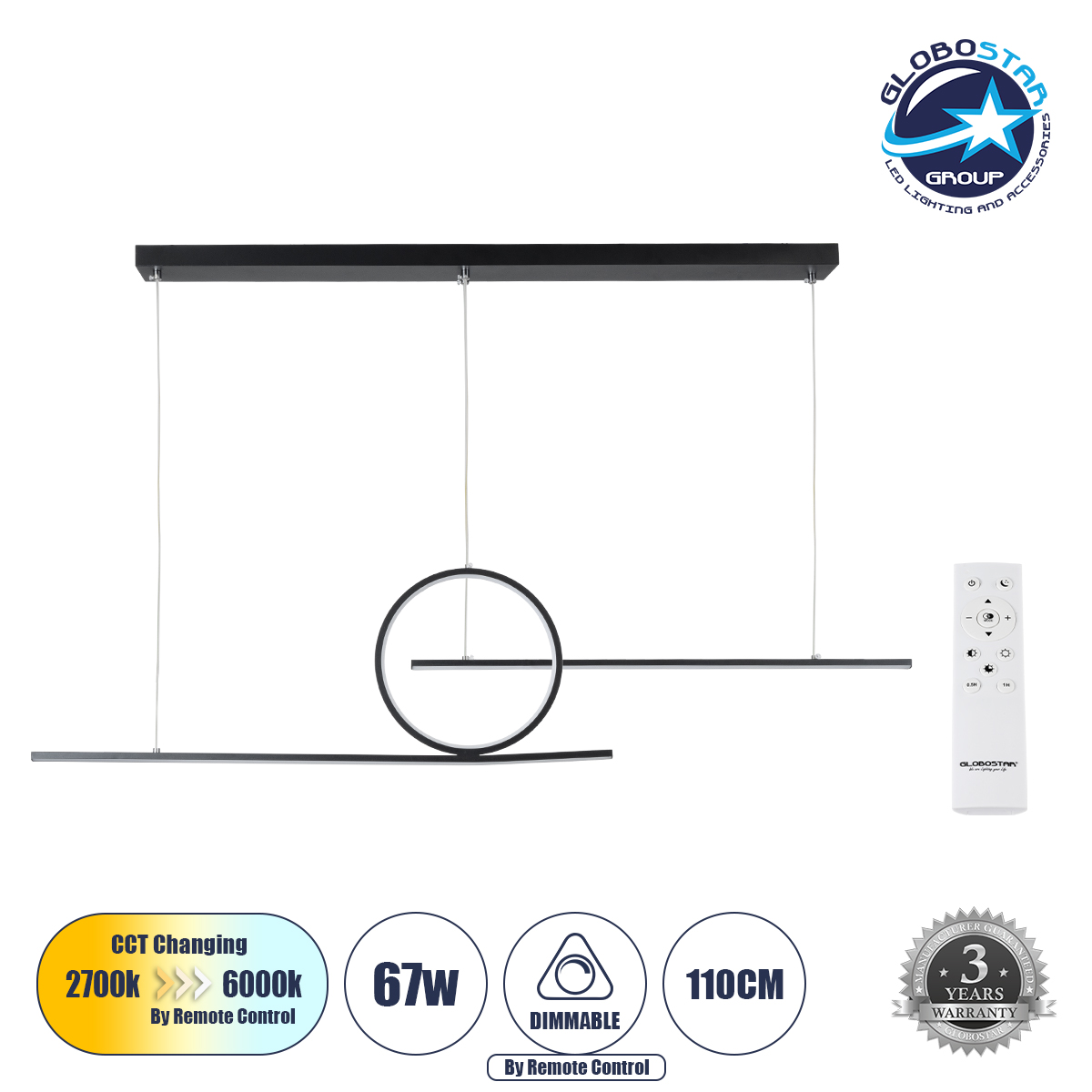 61288_1 GLOBOSTAR® TEREZA 61288 Μοντέρνο Κρεμαστό Φωτιστικό Οροφής LED 67W 7504lm 300° AC 220-240V IP20 Ρυθμιζόμενο Λευκό CCT με Χειριστήριο από 2700K έως 6000K Dimmable - Lumileds SMD Chip - Μαύρο Ματ - Μ110 x Π4.5 x Υ34cm - 3 Χρόνια Εγγύηση - Image 1