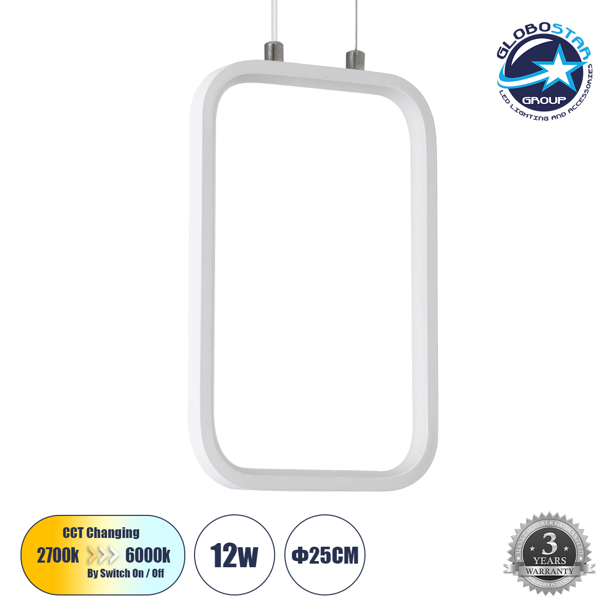 61299_1 GLOBOSTAR® DEROBA 61299 Μοντέρνο Κρεμαστό Φωτιστικό Οροφής LED 12W 1320lm 360° AC 220-240V IP20 Ρυθμιζόμενο Λευκό CCT με On/Off 2700K/4500K/6000K - Lumileds SMD Chip - Λευκό Ματ - Μ16 x Π1.6 x Υ25.5cm - 3 Χρόνια Εγγύηση - Image 1