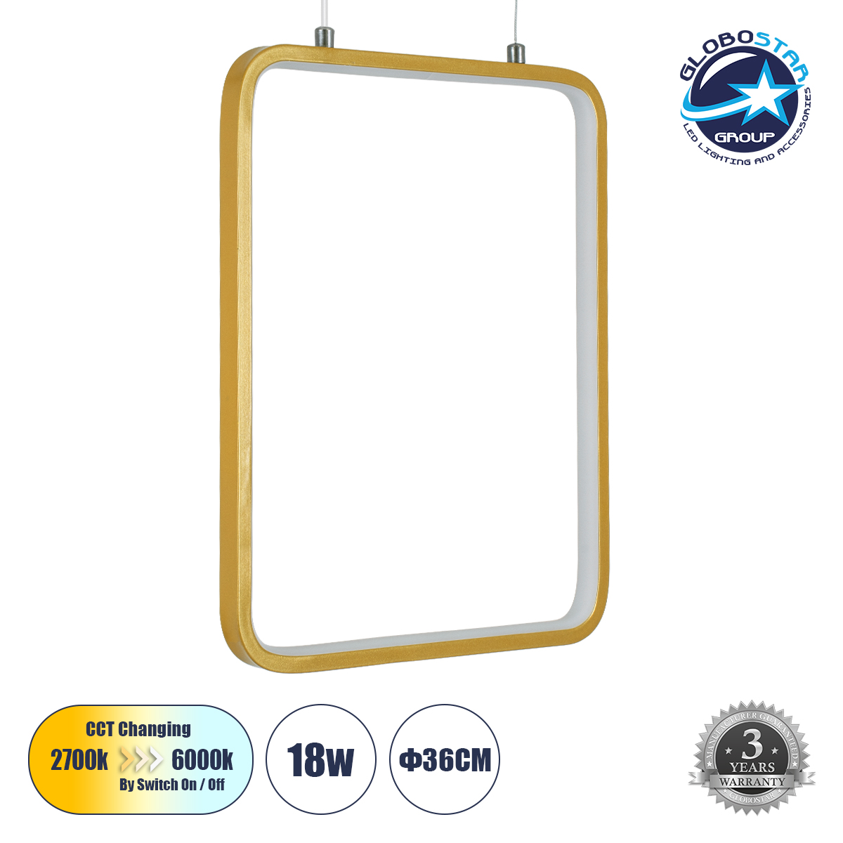61305_1 GLOBOSTAR® NEROBA 61305 Μοντέρνο Κρεμαστό Φωτιστικό Οροφής LED 18W 1980lm 360° AC 220-240V IP20 Ρυθμιζόμενο Λευκό CCT με On/Off 2700K/4500K/6000K - Lumileds SMD Chip - Χρυσό Βούρτσας - Μ29 x Π2 x Υ36cm - 3 Χρόνια Εγγύηση - Image 1