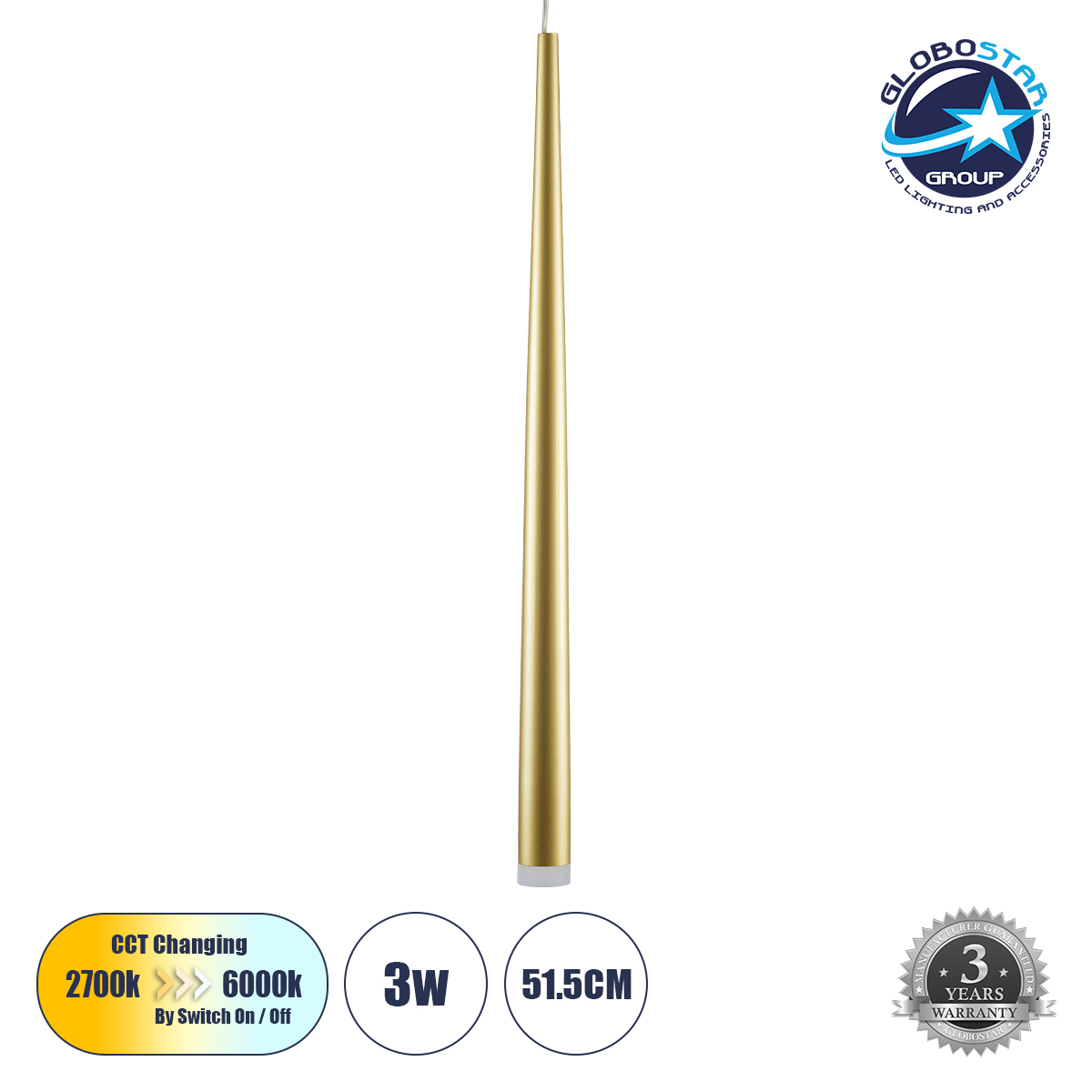 61310_01 GLOBOSTAR® TEARS 61310 Μοντέρνο Κρεμαστό Φωτιστικό Οροφής LED 3W 330lm 180° AC 220-240V IP20 Ρυθμιζόμενο Λευκό CCT με On/Off 2700K/4500K/6000K - Lumileds SMD Chip - Χρυσό Βούρτσας - Μ3.2 x Π3.2 x Υ51.5cm - 3 Χρόνια Εγγύηση - Image 1