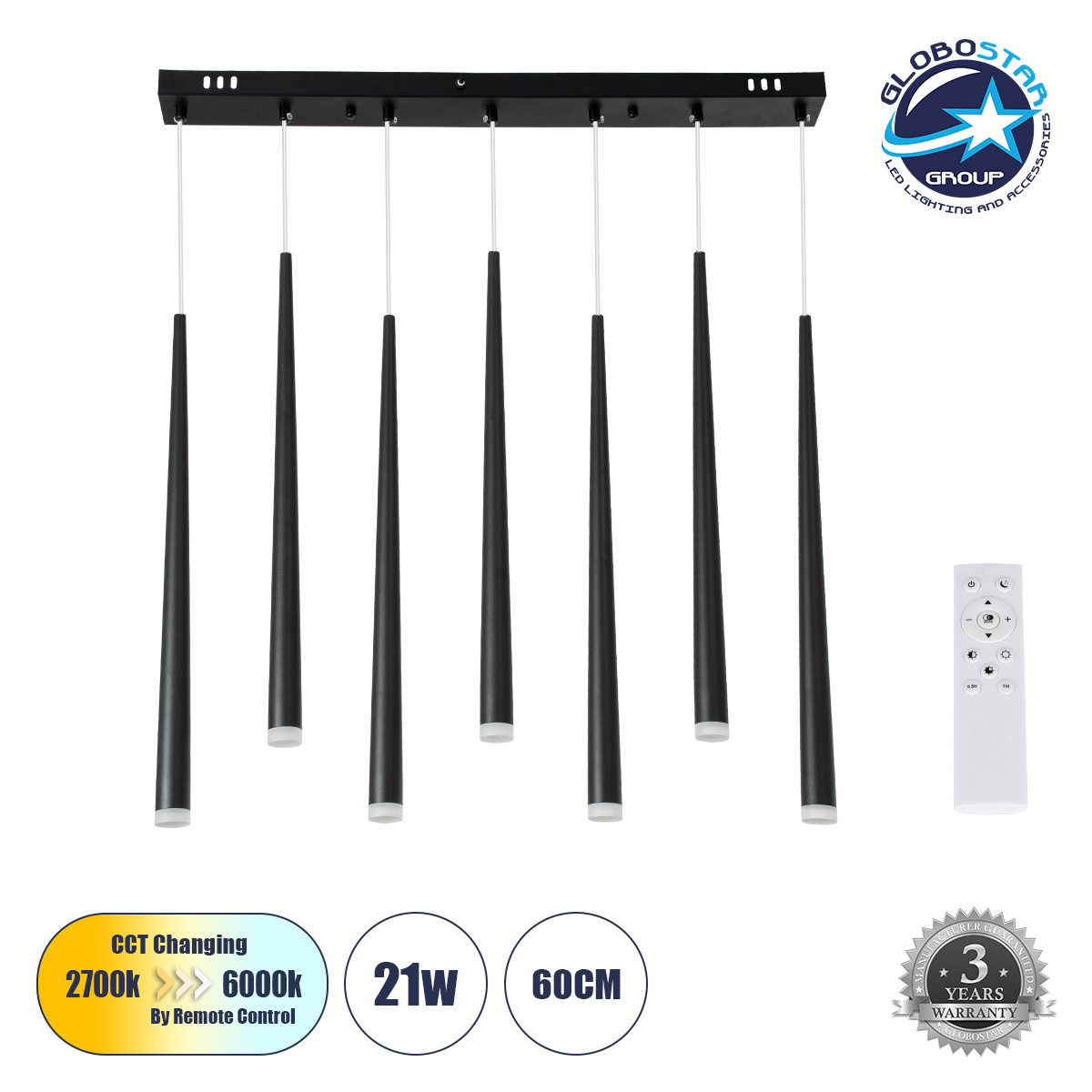 61311_1 GLOBOSTAR® TEARS 61311 Μοντέρνο Κρεμαστό Φωτιστικό Οροφής LED 21W 2310lm 180° AC 220-240V IP20 Ρυθμιζόμενο Λευκό CCT με Χειριστήριο από 2700K έως 6000K Dimmable - Lumileds SMD Chip - Μαύρο Ματ - Μ70 x Π3.2 x Υ60cm - 3 Χρόνια Εγγύηση - Image 1