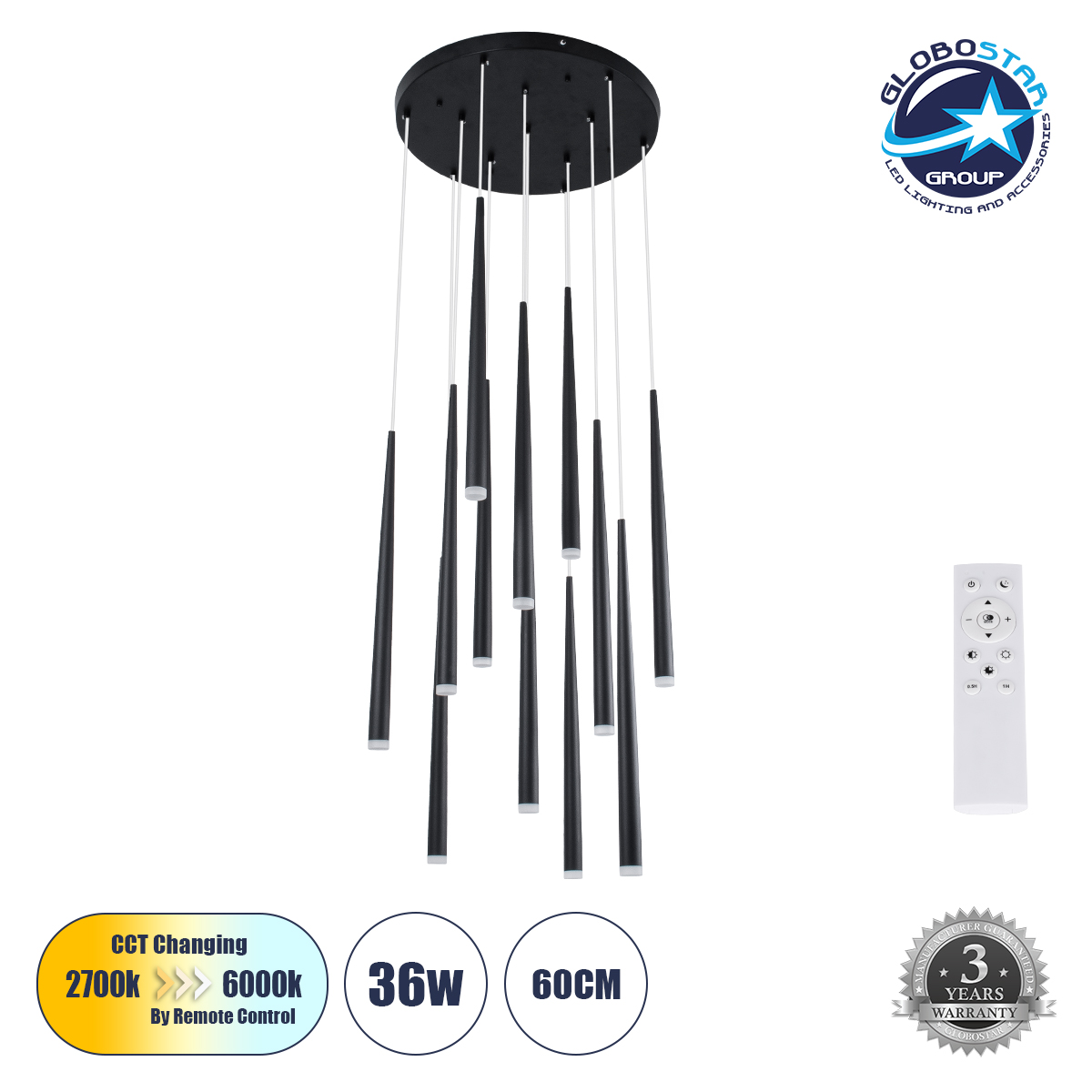 61313_1 GLOBOSTAR® TEARS 61313 Μοντέρνο Κρεμαστό Φωτιστικό Οροφής LED 36W 3960lm 180° AC 220-240V IP20 Ρυθμιζόμενο Λευκό CCT με Χειριστήριο από 2700K έως 6000K Dimmable - Lumileds SMD Chip - Μαύρο - Μ60 x Π60 x Υ51.5cm - 3 Χρόνια Εγγύηση - Image 1