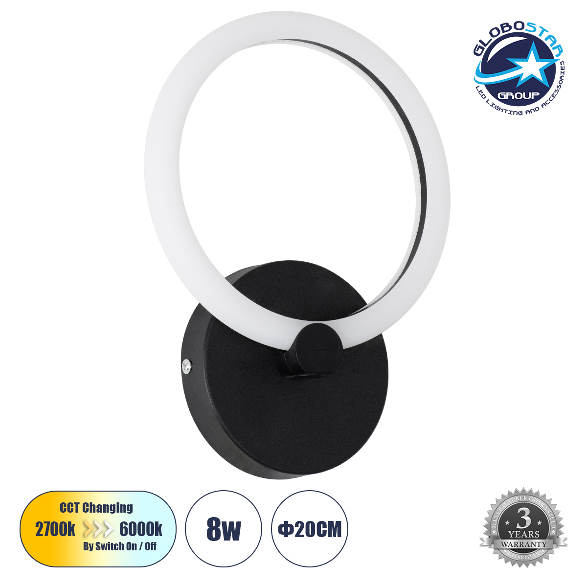 61339_1 GLOBOSTAR® MATILDA 61339 Μοντέρνο Φωτιστικό Τοίχου - Απλίκα LED 8W 960lm 360° AC 220-240V IP20 Ρυθμιζόμενο Λευκό CCT με On/Off 2700K/4500K/6000K - Lumileds SMD Chip - Μαύρο Ματ - Μ20 x Π5 x Υ25.5cm - 3 Χρόνια Εγγύηση - Image 1