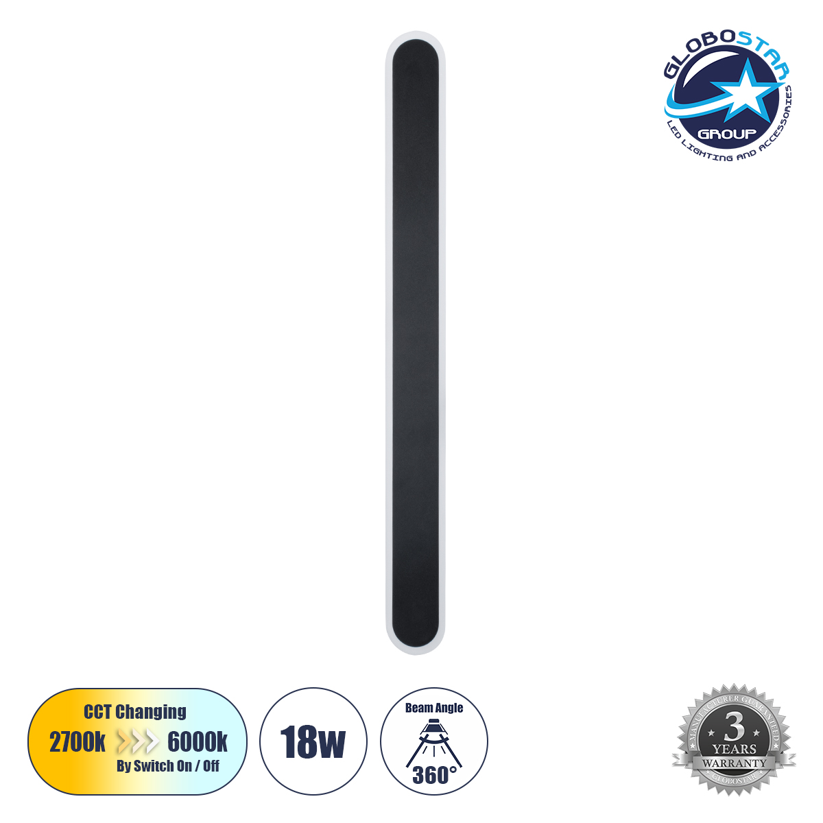 61347_1 GLOBOSTAR® HOUSTON 61347 Μοντέρνο Φωτιστικό Τοίχου - Απλίκα LED 18W 2160lm 360° AC 220-240V IP20 Ρυθμιζόμενο Λευκό CCT με On/Off 2700K/4500K/6000K - Lumileds SMD Chip - Μαύρο Ματ - Μ6 x Π3 x Υ60cm - 3 Χρόνια Εγγύηση - Image 1
