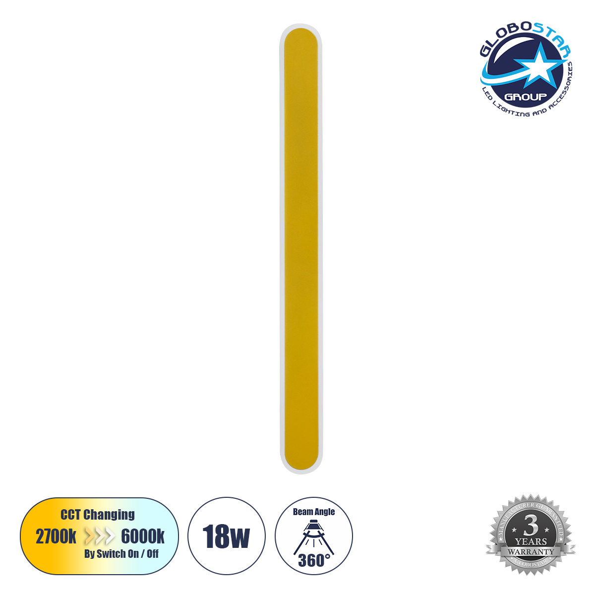 61348_1 GLOBOSTAR® HOUSTON 61348 Μοντέρνο Φωτιστικό Τοίχου - Απλίκα LED 18W 2160lm 360° AC 220-240V IP20 Ρυθμιζόμενο Λευκό CCT με On/Off 2700K/4500K/6000K - Lumileds SMD Chip - Χρυσό Βούρτσας - Μ6 x Π3 x Υ60cm - 3 Χρόνια Εγγύηση - Image 1