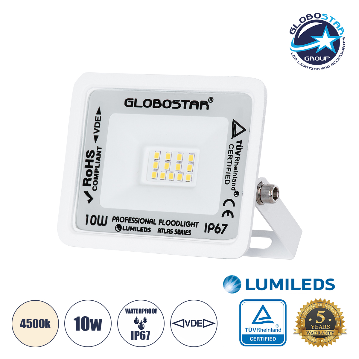 61405_1 GLOBOSTAR® ATLAS 61405 Προβολέας LED 10W 1200lm 120° AC 220-240V Αδιάβροχο IP67 Φυσικό Λευκό 4500K - Lumileds SMD Chip - TÜV Rheinland Certified - Λευκό Ματ - Μ10 x Π2 x Υ8cm - 5 Χρόνια Εγγύηση - Image 1
