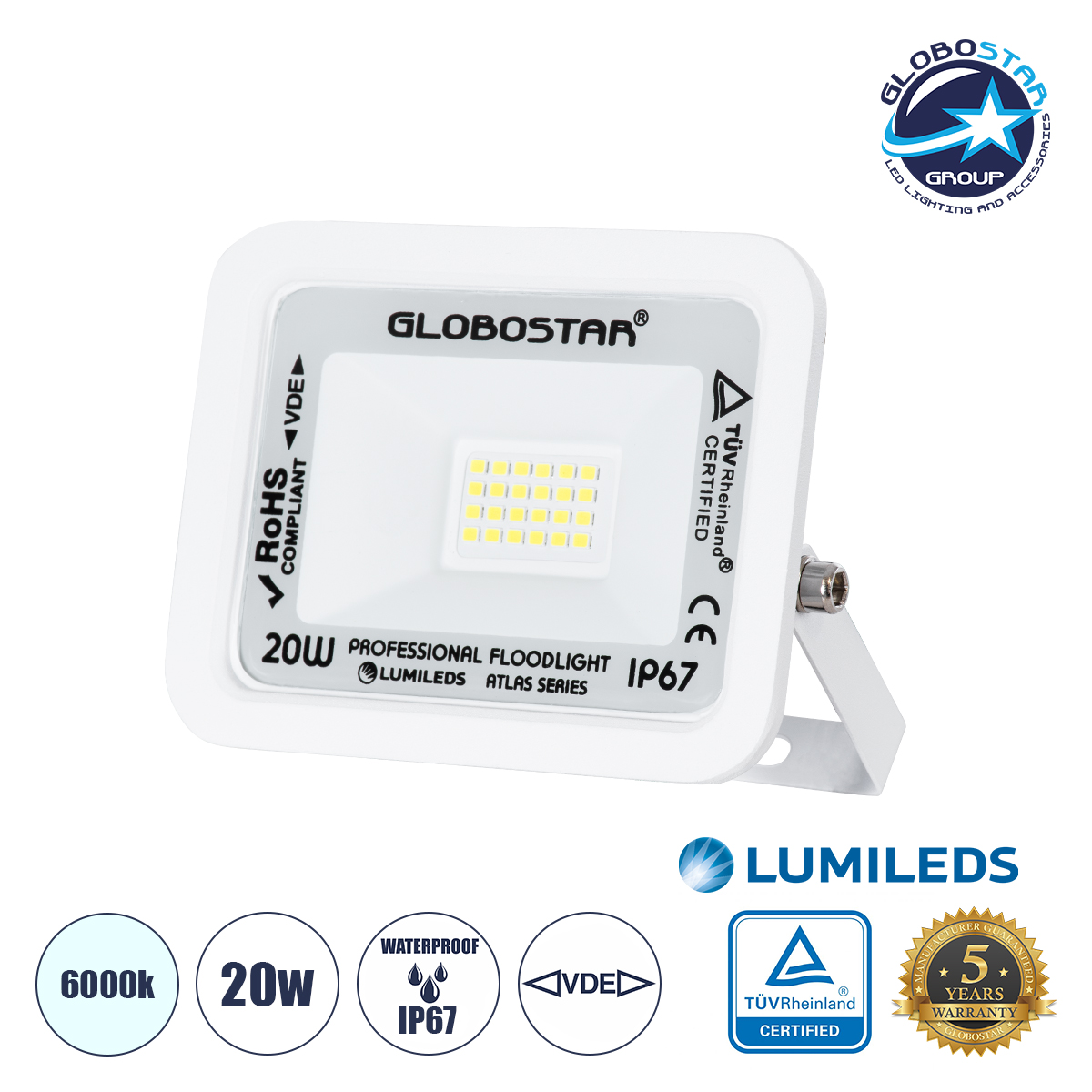61407_1 GLOBOSTAR® ATLAS 61407 Προβολέας LED 20W 2500lm 120° AC 220-240V Αδιάβροχο IP67 Ψυχρό Λευκό 6000K - Lumileds SMD Chip - TÜV Rheinland Certified - Λευκό Ματ - Μ12 x Π2.5 x Υ9.5cm - 5 Χρόνια Εγγύηση - Image 1
