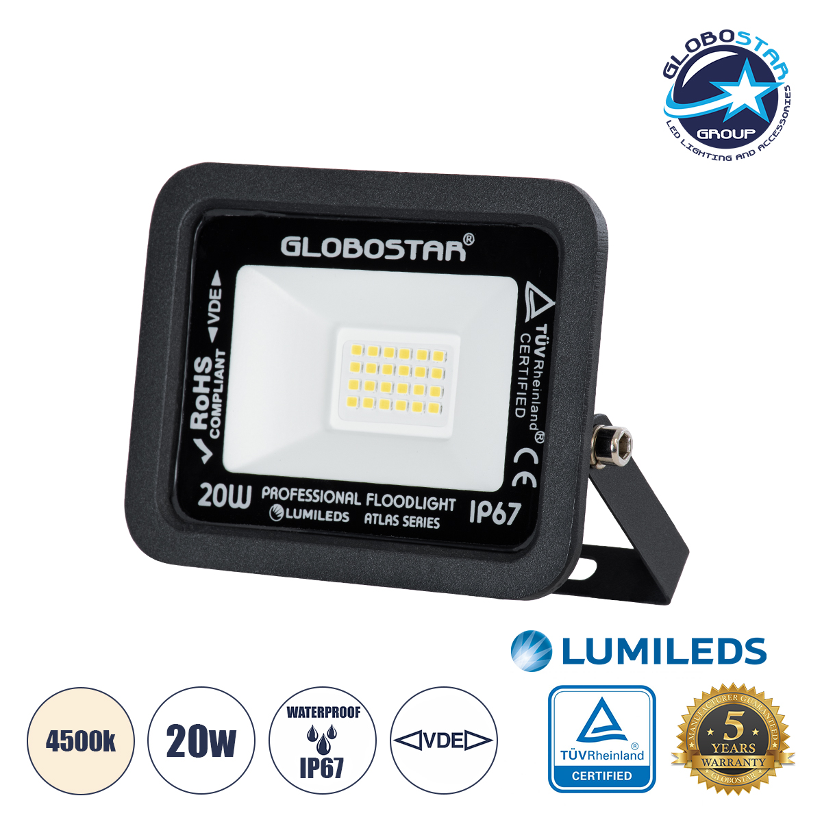 61411_1 GLOBOSTAR® ATLAS 61411 Προβολέας LED 20W 2400lm 120° AC 220-240V Αδιάβροχο IP67 Φυσικό Λευκό 4500K - Lumileds SMD Chip - TÜV Rheinland Certified - Μαύρο Ματ - Μ12 x Π2.5 x Υ9.5cm - 5 Χρόνια Εγγύηση - Image 1