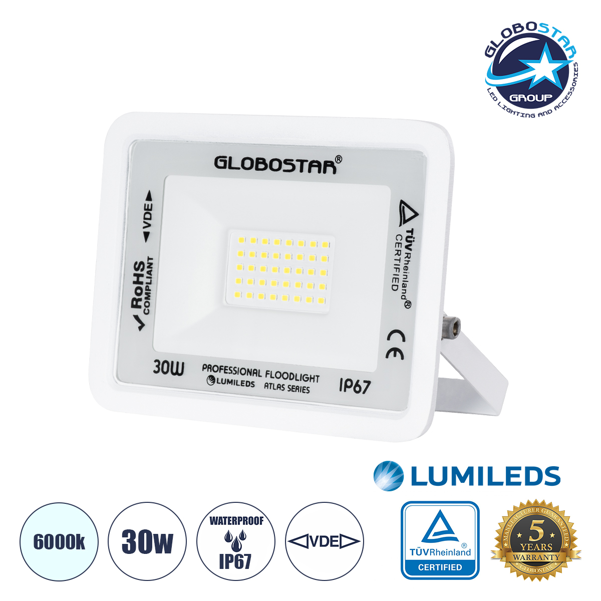 61413_1 GLOBOSTAR® ATLAS 61413 Προβολέας LED 30W 3750lm 120° AC 220-240V Αδιάβροχο IP67 Ψυχρό Λευκό 6000K - Lumileds SMD Chip - TÜV Rheinland Certified - Λευκό Ματ - Μ16 x Π2.5 x Υ12.5cm - 5 Χρόνια Εγγύηση - Image 1