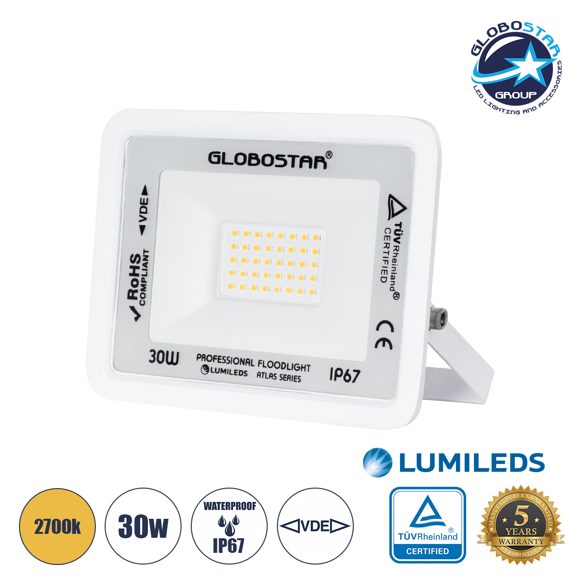 61415_1 GLOBOSTAR® ATLAS 61415 Προβολέας LED 30W 3450lm 120° AC 220-240V Αδιάβροχο IP67 Θερμό Λευκό 2700K - Lumileds SMD Chip - TÜV Rheinland Certified - Λευκό Ματ - Μ16 x Π2.5 x Υ12.5cm - 5 Χρόνια Εγγύηση - Image 1