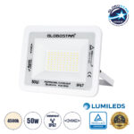 GLOBOSTAR® ATLAS 61420 Προβολέας LED 50W 6000lm 120° AC 220-240V Αδιάβροχο IP67 Φυσικό Λευκό 4500K - Lumileds SMD Chip - TÜV Rheinland Certified - Λευκό Ματ - Μ21 x Π3.5 x Υ16cm - 5 Χρόνια Εγγύηση