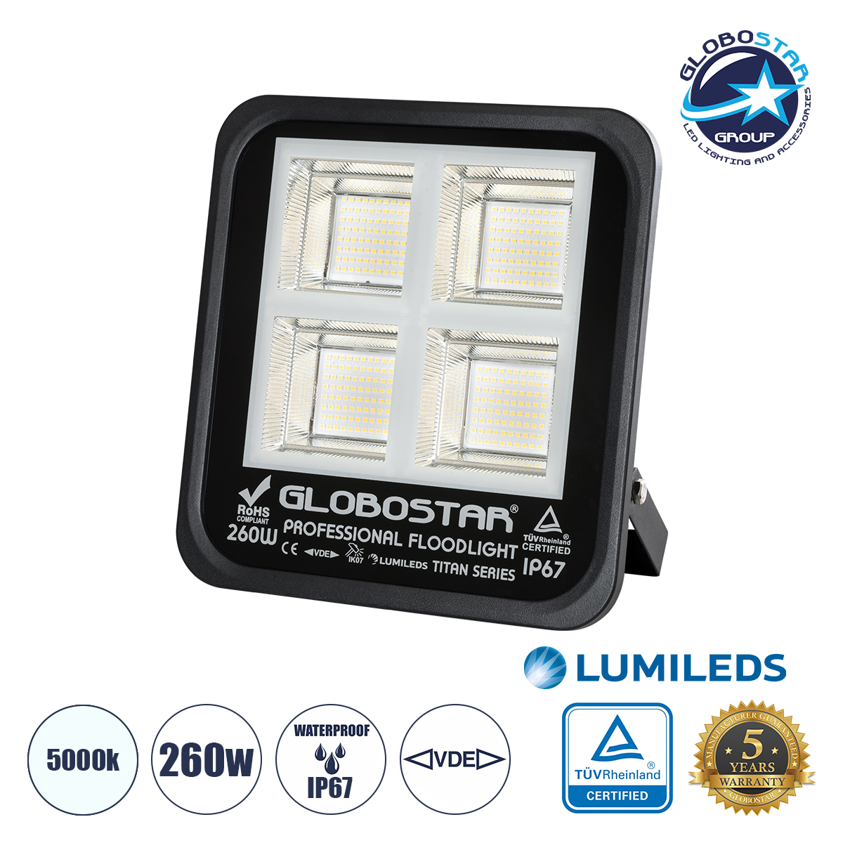 61434_1 GLOBOSTAR® TITAN 61434 Προβολέας για Γήπεδα Tennis & Ποδοσφαίρου 5x5 LED 260W 32500lm 60°x90° AC 220-240V Αδιάβροχο IP67 Φυσικό Λευκό 5000K - Lumileds SMD Chip - TÜV Rheinland Certified - Μαύρο Ματ - Μ30 x Π8 x Υ28cm - 5 Χρόνια Εγγύηση - Image 1