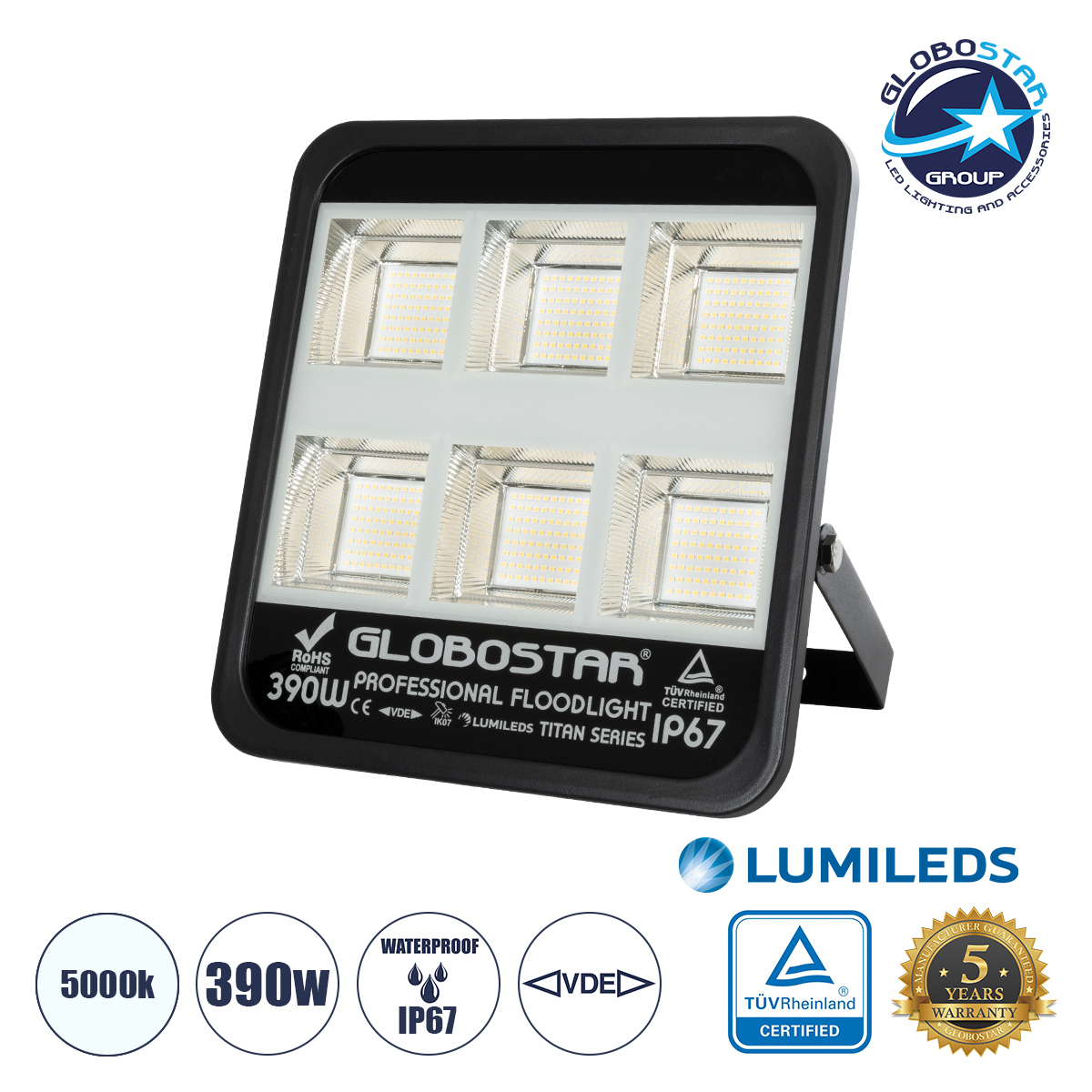 61435_1 GLOBOSTAR® TITAN 61435 Προβολέας για Γήπεδα Tennis & Ποδοσφαίρου 5x5 LED 390W 48750lm 60°x90° AC 220-240V Αδιάβροχο IP67 Φυσικό Λευκό 5000K - Lumileds SMD Chip - TÜV Rheinland Certified - Μαύρο Ματ - Μ32 x Π8 x Υ35cm - 5 Χρόνια Εγγύηση - Image 1