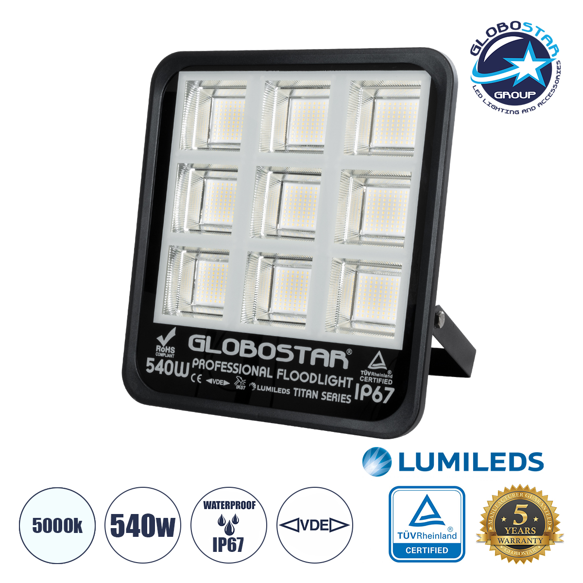 61436_1 GLOBOSTAR® TITAN 61436 Προβολέας για Γήπεδα Tennis & Ποδοσφαίρου 5x5 LED 540W 67500lm 60°x90° AC 220-240V Αδιάβροχο IP67 Φυσικό Λευκό 5000K - Lumileds SMD Chip - TÜV Rheinland Certified - Μαύρο Ματ - Μ38 x Π8 x Υ42cm - 5 Χρόνια Εγγύηση - Image 1