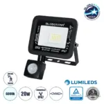 GLOBOSTAR® AURORA 64137 Προβολέας με Ανιχνευτή PIR / Αισθητήρα Κίνησης LED 20W 2500lm 120° AC 220-240V Αδιάβροχο IP67 Ψυχρό Λευκό 6000K - Lumileds SMD Chip - TÜV Rheinland Certified - Μαύρο Ματ - Μ12 x Π5 x Υ14.5cm - 3 Χρόνια Εγγύηση