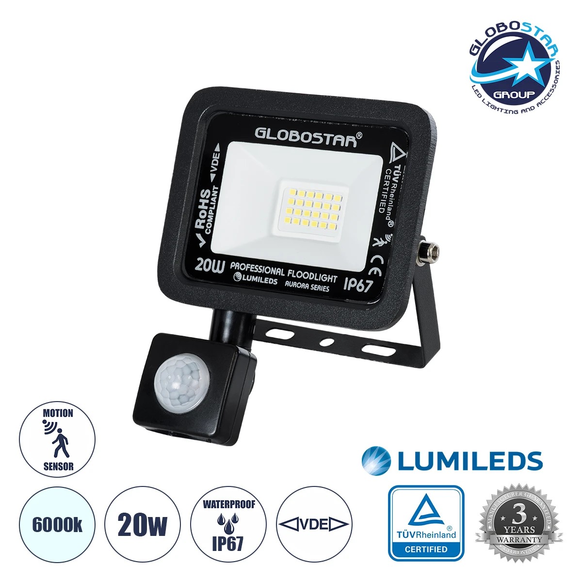 61437_01 GLOBOSTAR® AURORA 64137 Προβολέας με Ανιχνευτή PIR / Αισθητήρα Κίνησης LED 20W 2500lm 120° AC 220-240V Αδιάβροχο IP67 Ψυχρό Λευκό 6000K - Lumileds SMD Chip - TÜV Rheinland Certified - Μαύρο Ματ - Μ12 x Π5 x Υ14.5cm - 3 Χρόνια Εγγύηση - Image 1