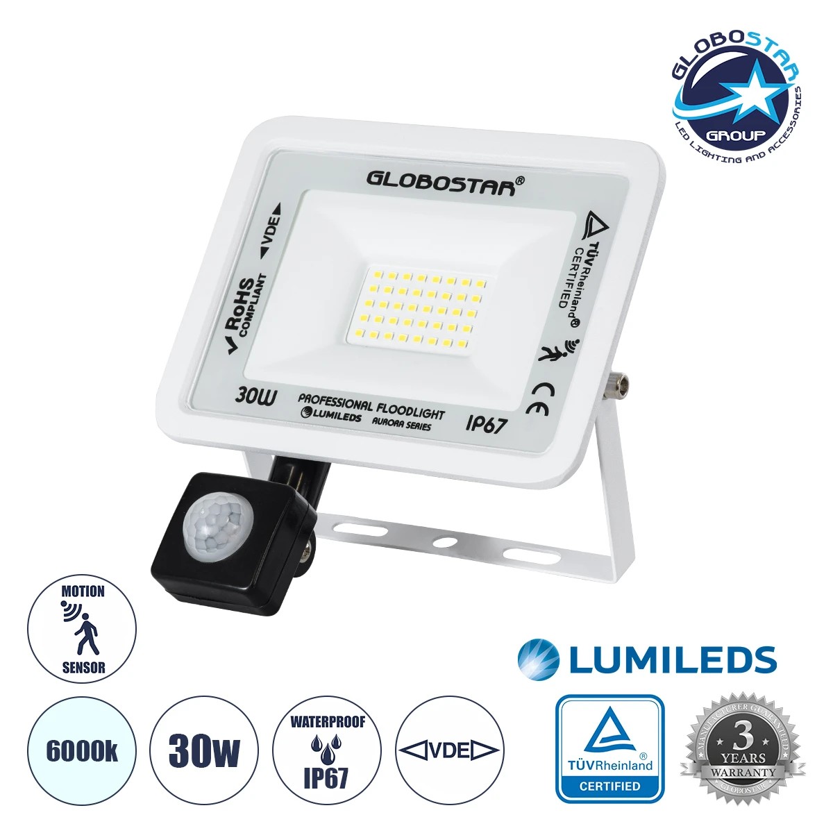 61440_01 GLOBOSTAR® AURORA 64440 Προβολέας με Ανιχνευτή PIR / Αισθητήρα Κίνησης LED 30W 3750lm 120° AC 220-240V Αδιάβροχο IP67 Ψυχρό Λευκό 6000K - Lumileds SMD Chip - TÜV Rheinland Certified - Λευκό Ματ - Μ16 x Π5 x Υ17.5cm - 3 Χρόνια Εγγύηση - Image 1