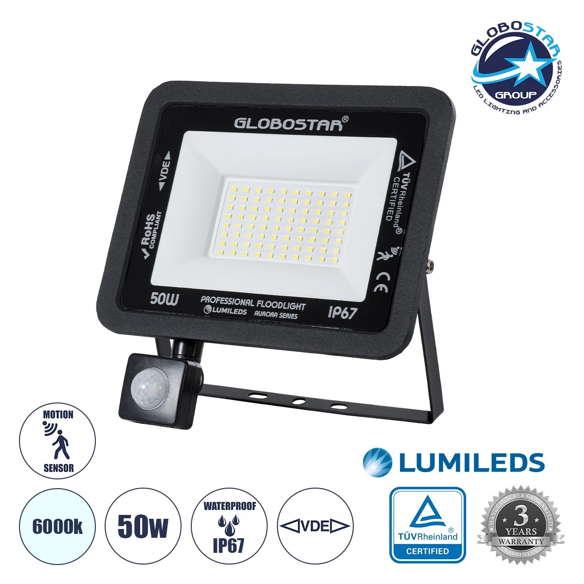 61441_01 GLOBOSTAR® AURORA 61441 Προβολέας με Ανιχνευτή PIR / Αισθητήρα Κίνησης LED 50W 6250lm 120° AC 220-240V Αδιάβροχο IP67 Ψυχρό Λευκό 6000K - Lumileds SMD Chip - TÜV Rheinland Certified - Μαύρο Ματ - Μ21 x Π5 x Υ21cm - 3 Χρόνια Εγγύηση - Image 1