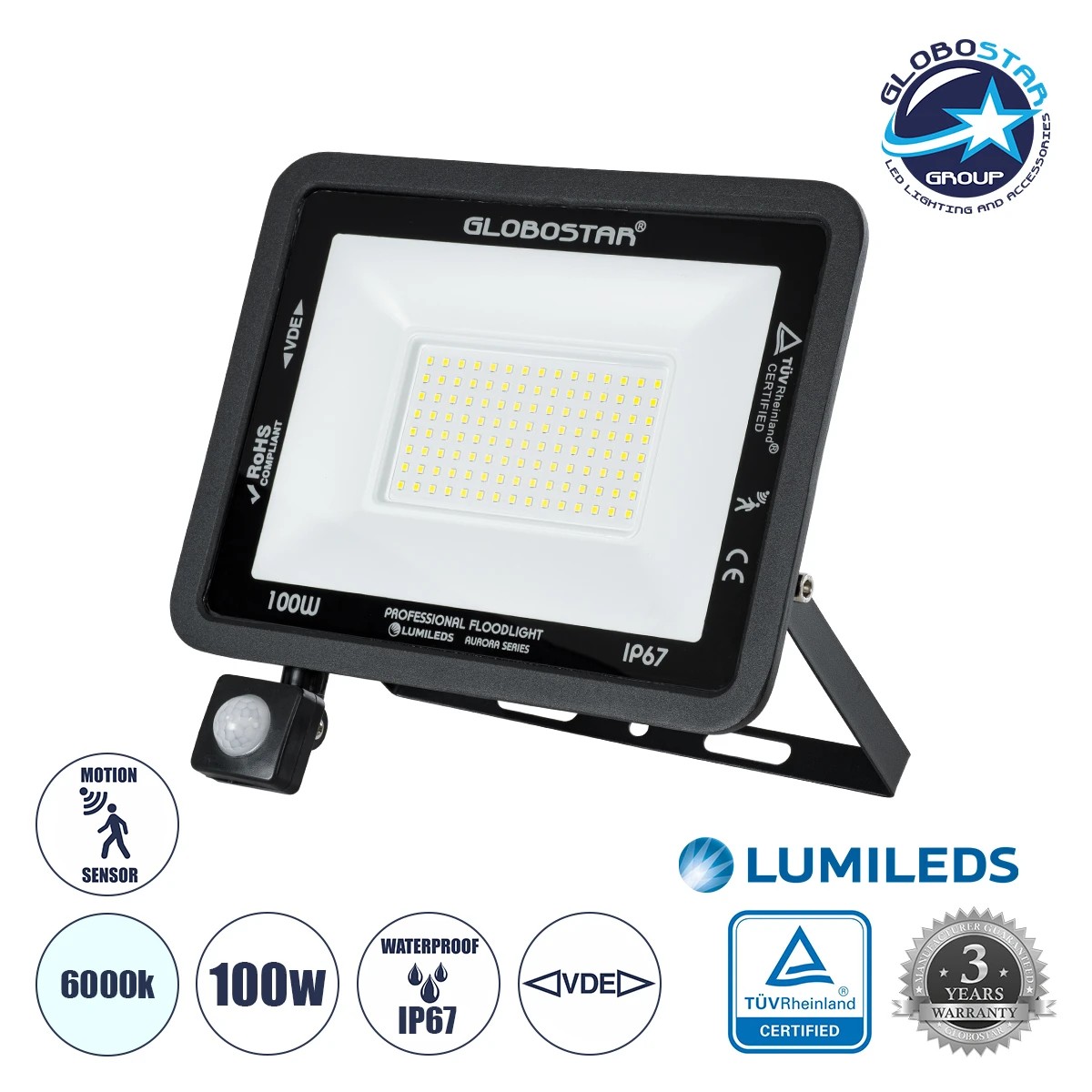 61443_01 GLOBOSTAR® AURORA 61443 Προβολέας με Ανιχνευτή PIR / Αισθητήρα Κίνησης LED 100W 12500lm 120° AC 220-240V Αδιάβροχο IP67 Ψυχρό Λευκό 6000K - Lumileds SMD Chip - TÜV Rheinland Certified - Μαύρο Ματ - Μ25 x Π6.5 x Υ27.5cm - 3 Χρόνια Εγγύηση - Image 1