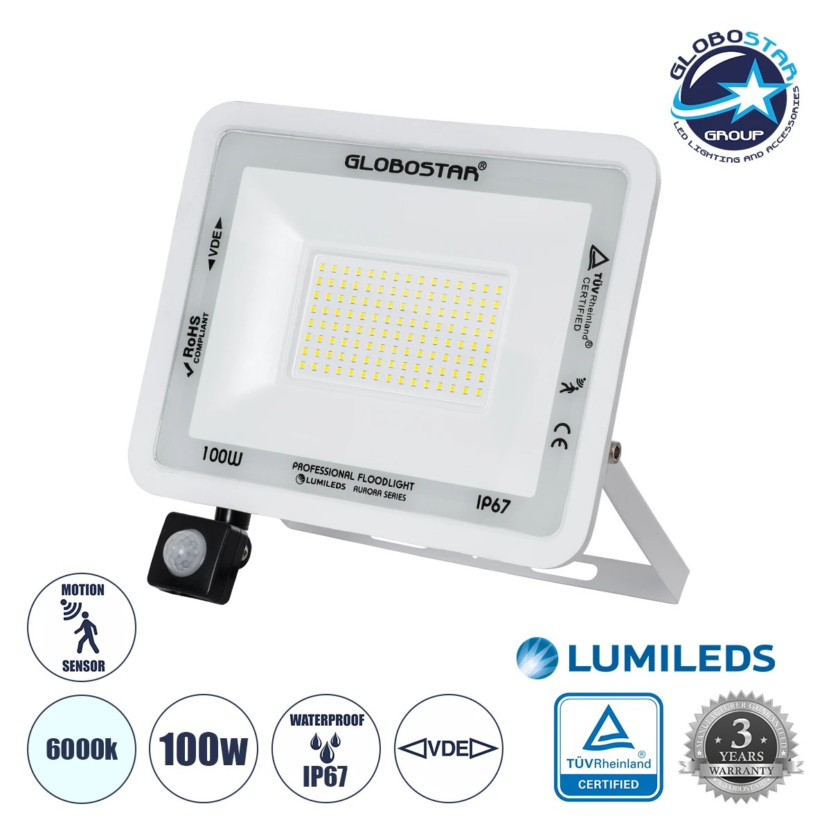 61444_01 GLOBOSTAR® AURORA 61444 Προβολέας με Ανιχνευτή PIR / Αισθητήρα Κίνησης LED 100W 12500lm 120° AC 220-240V Αδιάβροχο IP67 Ψυχρό Λευκό 6000K - Lumileds SMD Chip - TÜV Rheinland Certified - Λευκό Ματ - Μ25 x Π6.5 x Υ27.5cm - 3 Χρόνια Εγγύηση - Image 1