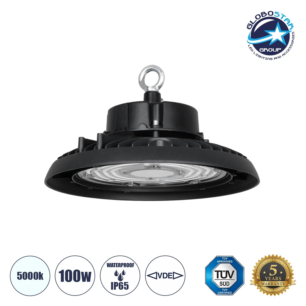 61500_1 GLOBOSTAR® INDUSTRY 61500 Βιομηχανικό Φωτιστικό Καμπάνα High Bay UFO LED 100W 15000lm SDCM<5 90° AC 85-265V Αδιάβροχο IP65 IK08 Φυσικό Λευκό 5000K - 175 x Sanan Opto SMD Chip & TÜV SÜD Driver - Μαύρο Χυτό Αλουμίνιο - Μ26.5 x Π26.5 x Υ15cm - 5 Χρόνια Εγγύηση - Image 1