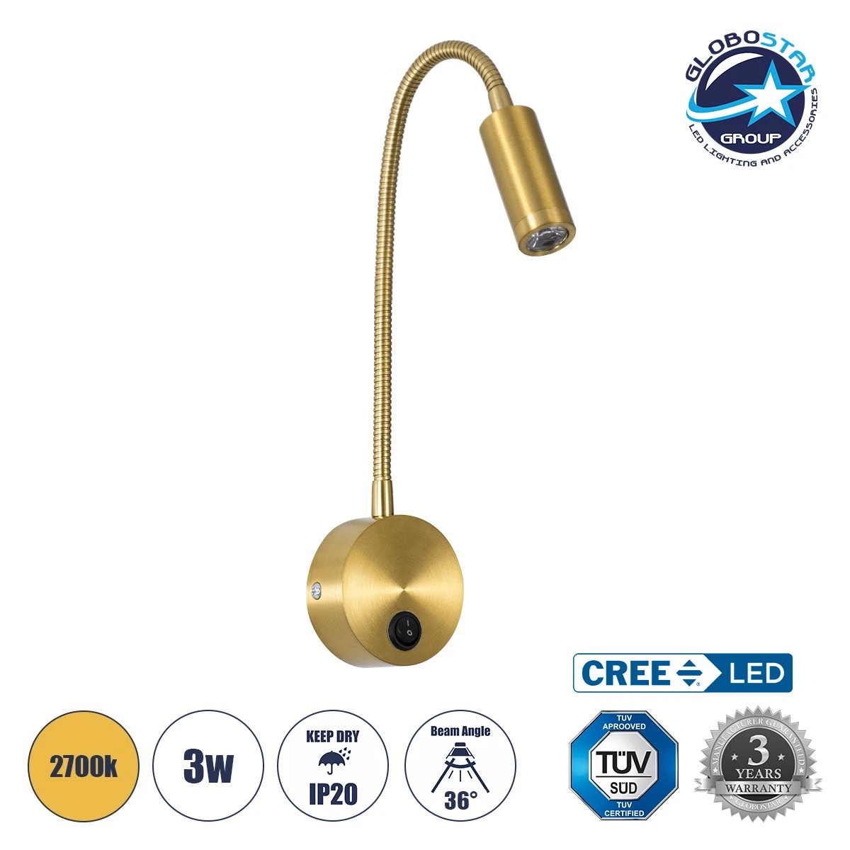 61692_0 GLOBOSTAR® GOOSE 61692 Μοντέρνο Φωτιστικό Τοίχου - Απλίκα Ξενοδοχείου Reading Light LED 3W 300lm 36° AC 220-240V IP20 Θερμό Λευκό 2700K - CREE XPE Chip & TÜV SÜD Driver - Χρυσό Βούρτσας - Μ6.5 x Π15 xΥ24.5cm - 3 Χρόνια Εγγύηση - Image 1