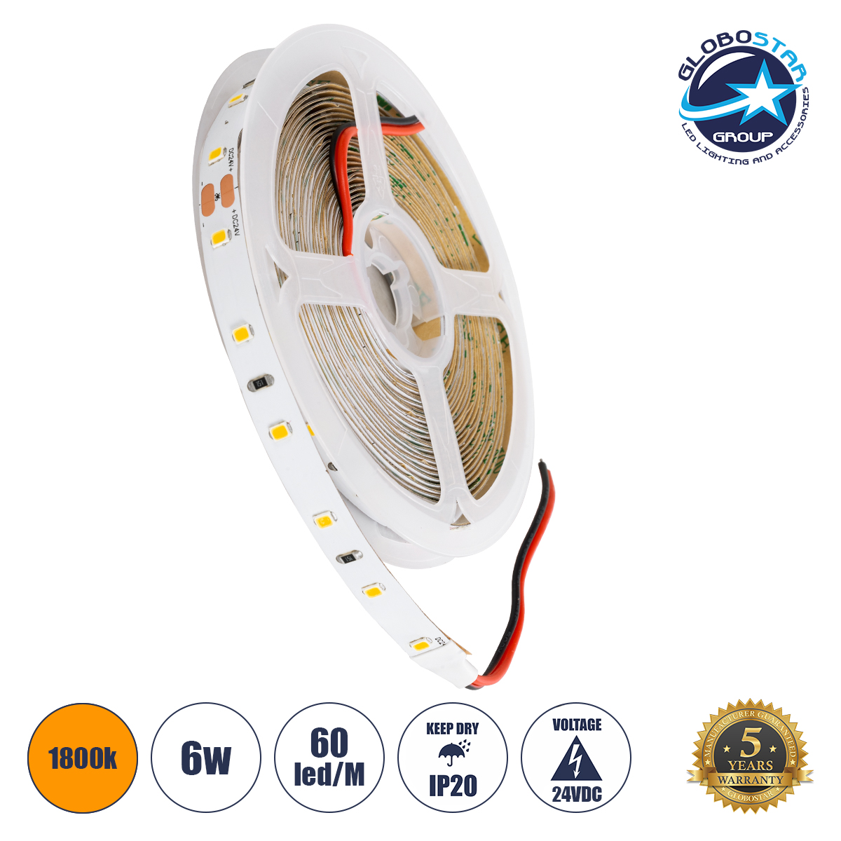 70203_1 GLOBOSTAR® LILAC 70203 Ταινία LED 6W/m 480lm/m 120° DC 24V IP20 60 x SMD2835 Chip/m Ultra Θερμό Λευκό 2200K Dimmable - Sanan SMD Chip - Μ500 x Π0.8 x Υ0.1cm - Ρολό 5 Μέτρων - 5 Χρόνια Εγγύηση - Image 1