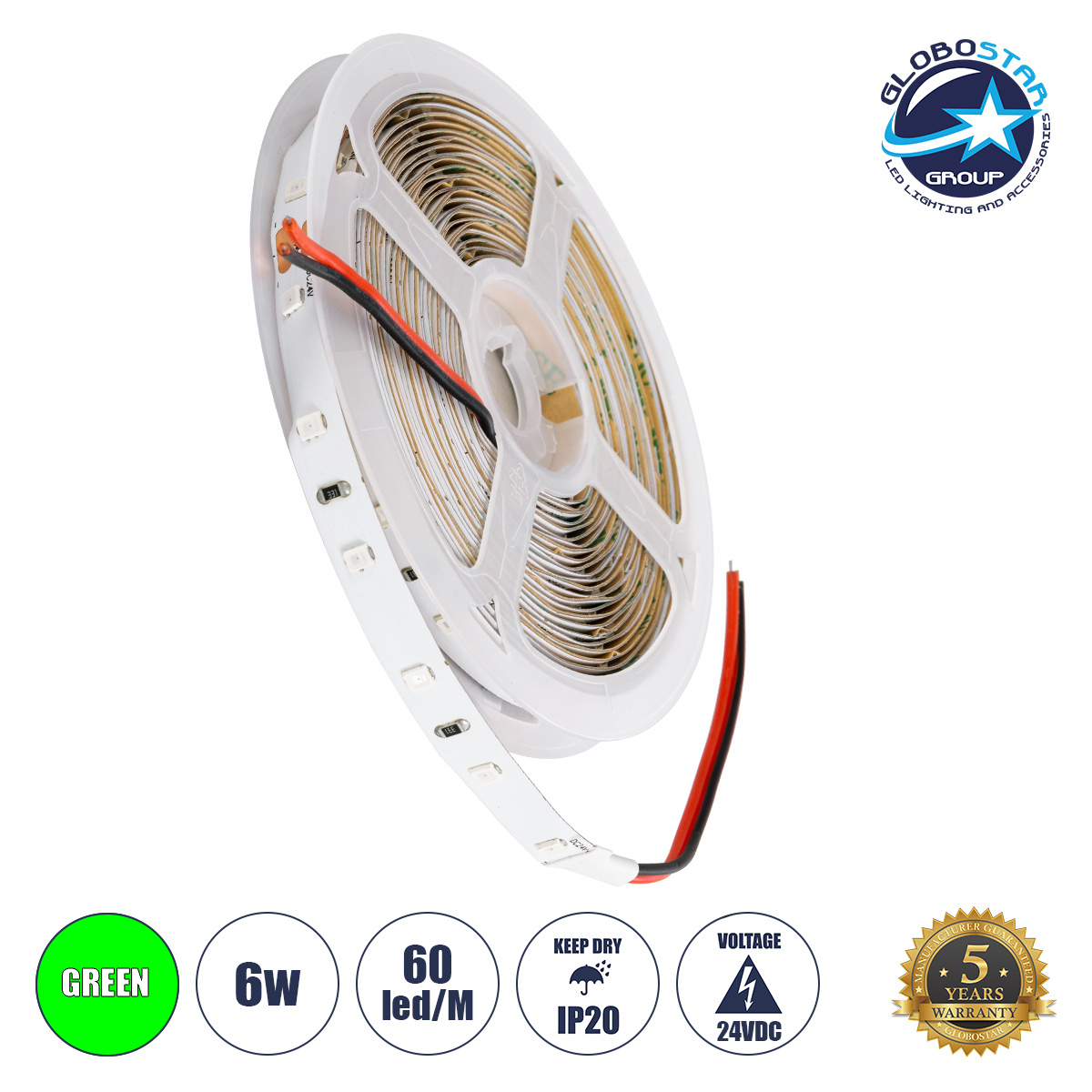 70205_1 GLOBOSTAR® LILAC 70205 Ταινία LED 6W/m 360lm/m 120° DC 24V IP20 60 x SMD2835 Chip/m Πράσινο Dimmable - Sanan SMD Chip - Μ500 x Π0.8 x Υ0.1cm - Ρολό 5 Μέτρων - 5 Χρόνια Εγγύηση - Image 1