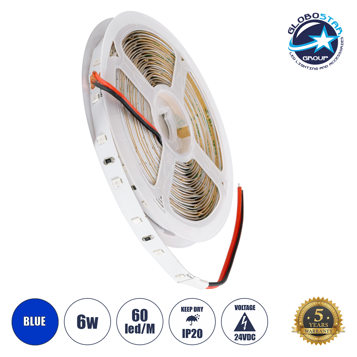 70206_1 GLOBOSTAR® LILAC 70206 Ταινία LED 6W/m 360lm/m 120° DC 24V IP20 60 x SMD2835 Chip/m Μπλε Dimmable - Sanan SMD Chip - Μ500 x Π0.8 x Υ0.1cm - Ρολό 5 Μέτρων - 5 Χρόνια Εγγύηση - Image 1