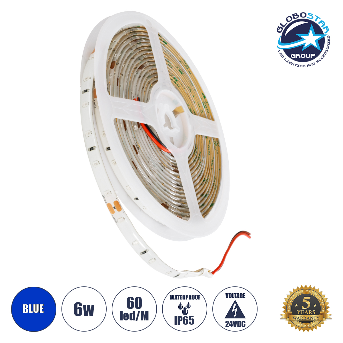70306_1 GLOBOSTAR® LILAC 70306 Ταινία LED 6W/m 360lm/m 120° DC 24V Αδιάβροχη IP65 60 x SMD2835 Chip/m Μπλε Dimmable - Sanan SMD Chip - Μ500 x Π0.8 x Υ0.2cm - Ρολό 5 Μέτρων - 5 Χρόνια Εγγύηση - Image 1