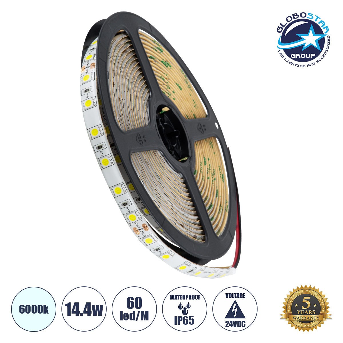 70320_01 GLOBOSTAR® LUMAR 70320 Ταινία LED 14.4W/m 1440lm/m 120° DC 24V Αδιάβροχη IP65 60 x SMD5050 Chip/m Ψυχρό Λευκό 6000K Dimmable - Sanan SMD Chip - Μ500 x Π1 x Υ0.2cm - Ρολό 5 Μέτρων - 5 Χρόνια Εγγύηση - Image 1