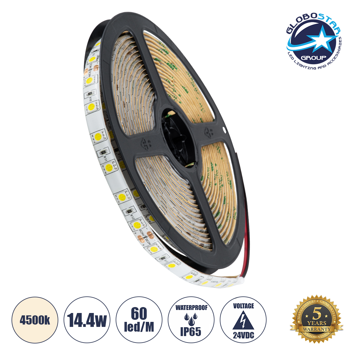 70321_01 GLOBOSTAR® LUMAR 70321 Ταινία LED 14.4W/m 1368lm/m 120° DC 24V Αδιάβροχη IP65 60 x SMD5050 Chip/m Φυσικό Λευκό 4500K Dimmable - Sanan SMD Chip - Μ500 x Π1 x Υ0.2cm - Ρολό 5 Μέτρων - 5 Χρόνια Εγγύηση - Image 1