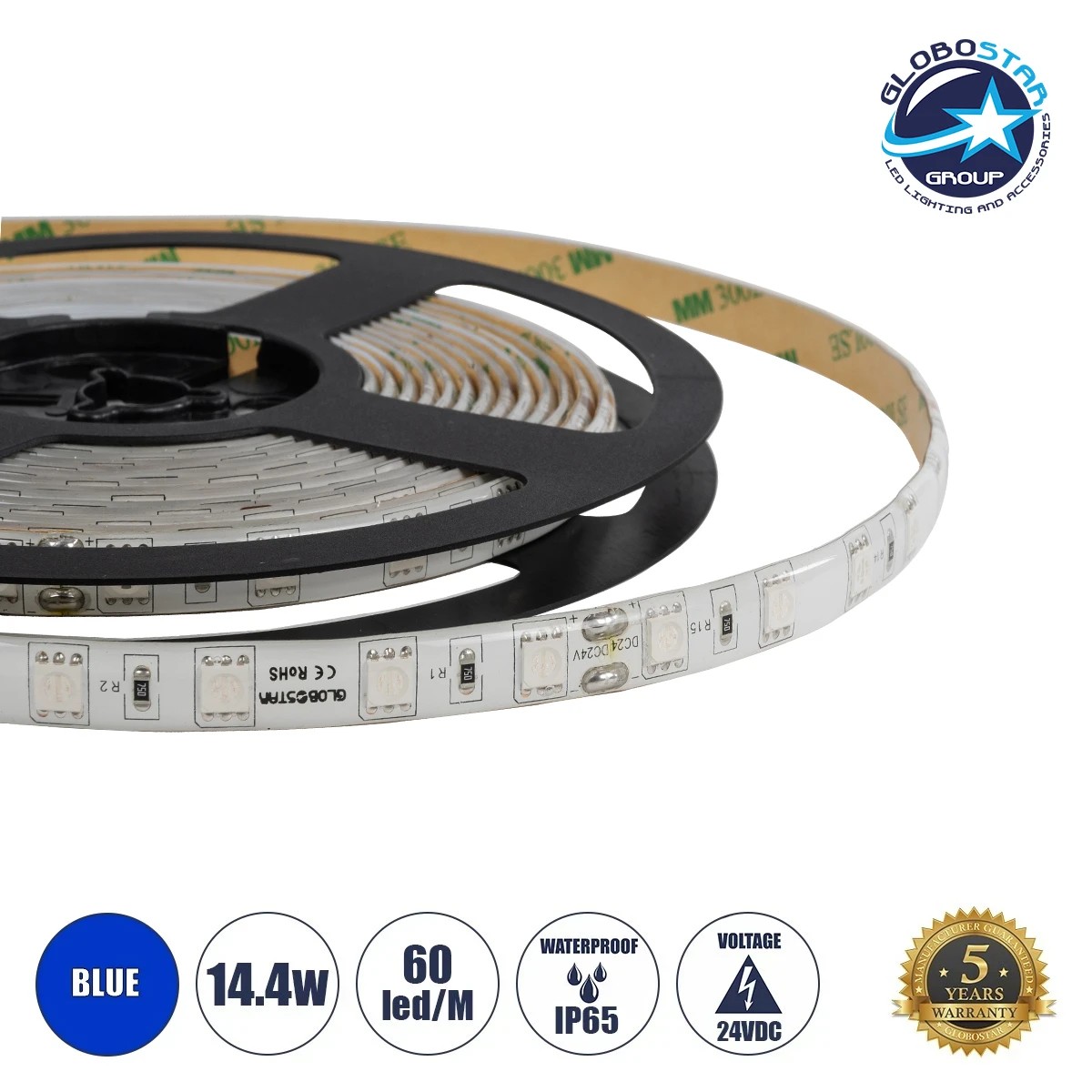 70326_1 GLOBOSTAR® LUMAR 70326 Ταινία LED 14.4W/m 936lm/m 120° DC 24V Αδιάβροχη IP65 60 x SMD5050 Chip/m Μπλε Dimmable - Sanan SMD Chip - Μ500 x Π1 x Υ0.3cm - Ρολό 5 Μέτρων - 5 Χρόνια Εγγύηση - Image 1