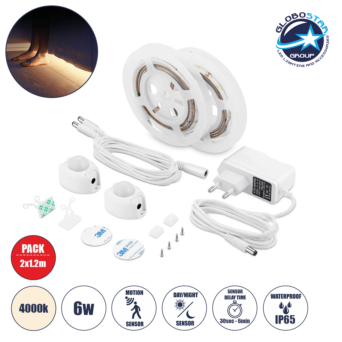 70401_1 GLOBOSTAR® NIGHTSTEP 70401 Σετ Ταινίας με με Αισθητήρα Κίνησης-Ημέρας-Νύχτας & Τροφοδοτικό LED 6W 600lm 120° AC 220-240V Αδιάβροχο IP65 72 x SMD2835 Φυσικό Λευκό 4500K - Sanan SMD Chip - Μ240 x Π0.8 x Υ0.2cm - Δύο Ρολά 1.2 Μέτρων - 2 Χρόνια Εγγύηση - Image 1