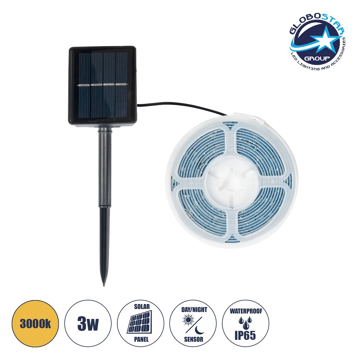 70420_1 GLOBOSTAR® SOLARSTRIP 70420 Σετ Ταινίας με Αισθητήρα Ημέρας-Νύχτας LED 3W 120lm 120° DC 5V με Φωτοβολταϊκό Panel 5V 0.3W Αδιάβροχο IP65 90 x SMD2835 Chip Θερμό Λευκό 2700K Dimmable - Sanan SMD Chip - Μ300 x Π0.8 x Υ0.3cm - Ρολό 3 Μέτρων - 2 Χρόνια Εγγύηση - Image 1