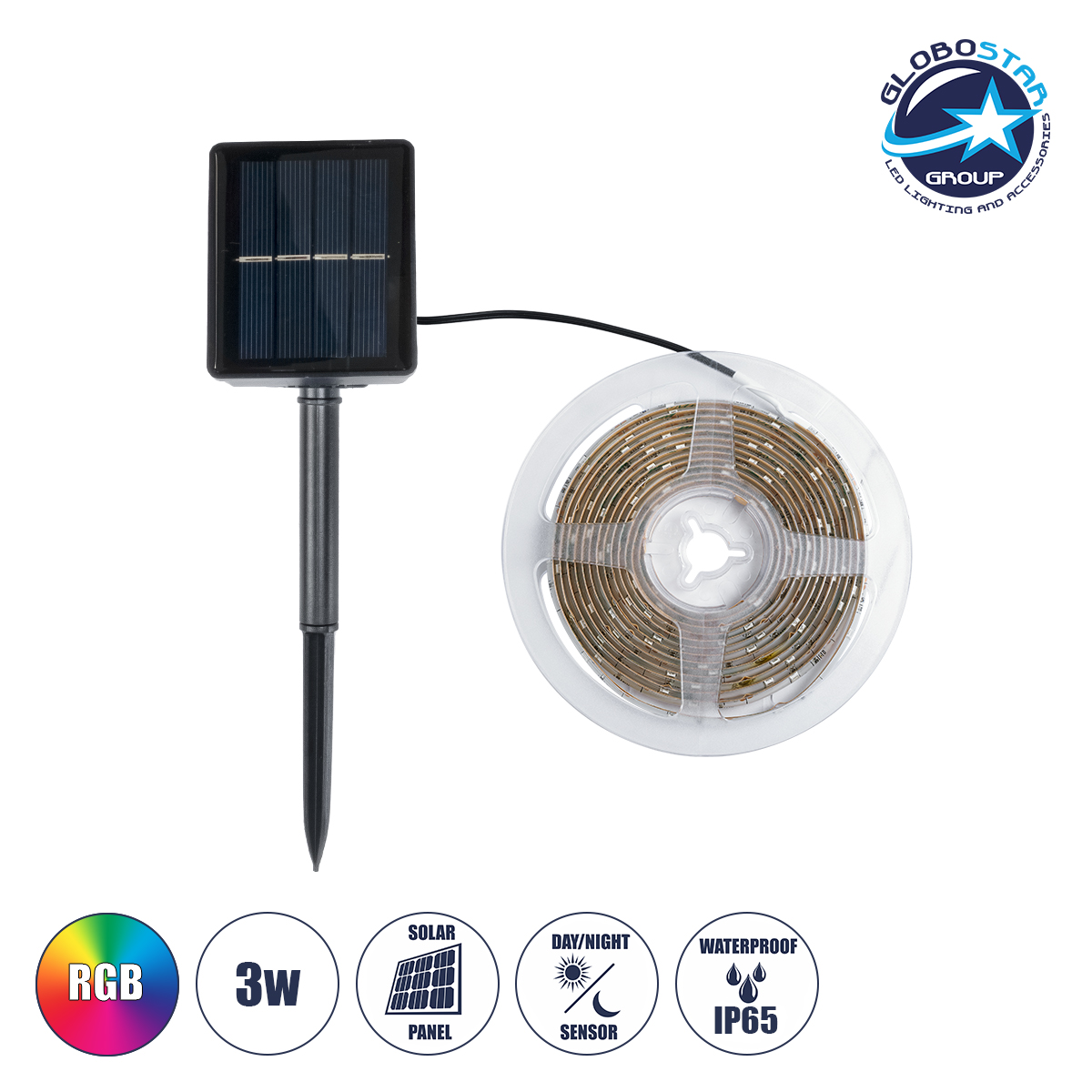 70421_1 GLOBOSTAR® SOLARSTRIP 70421 Σετ Ταινίας 3W 90lm 120° DC 5V με Φωτοβολταϊκό Panel 5V 0.3W με Αισθητήρα Ημέρας-Νύχτας Αδιάβροχο IP65 90 x SMD2835 Chip Πολύχρωμο RGB Dimmable - Sanan SMD Chip - Μ300 x Π0.8 x Υ0.3cm - Ρολό 3 Μέτρων - 2 Χρόνια Εγγύηση - Image 1